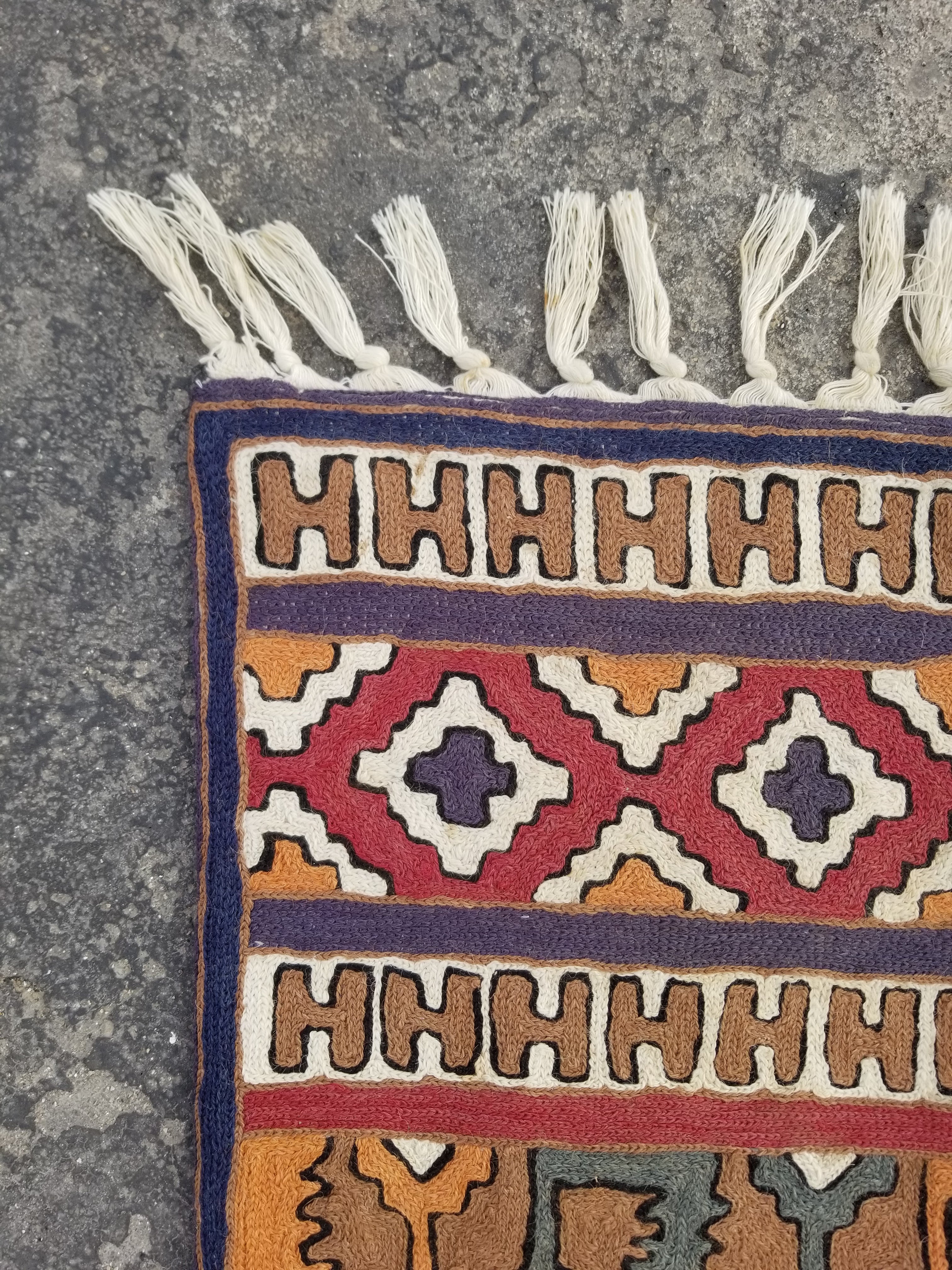Vintage Handmade Kashmiri Geometric Chain-Stitch Decor Wool Tapestry 36x24in