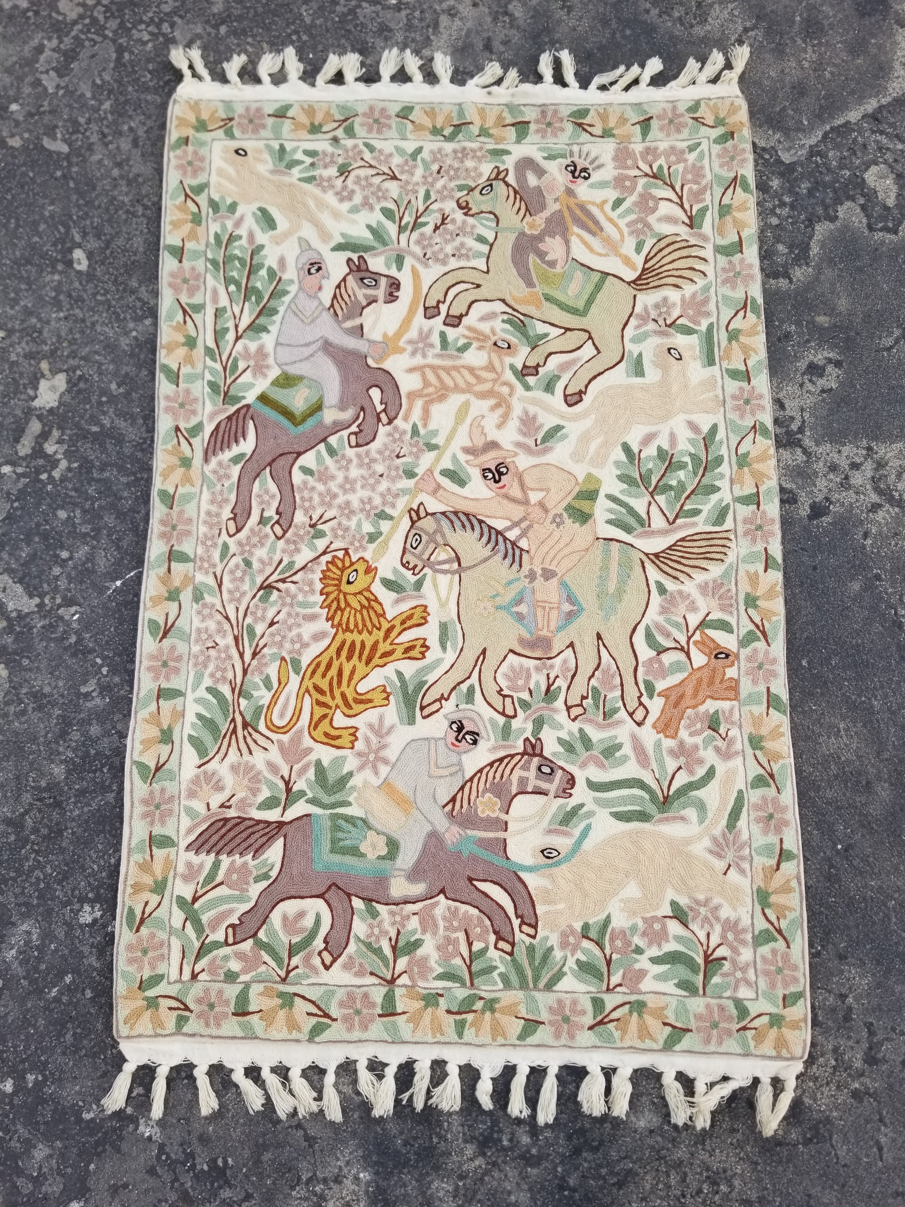 Vintage Handmade Kashmiri Hunting Scene Chain-Stitch Decor Wool Tapestry 36x23in