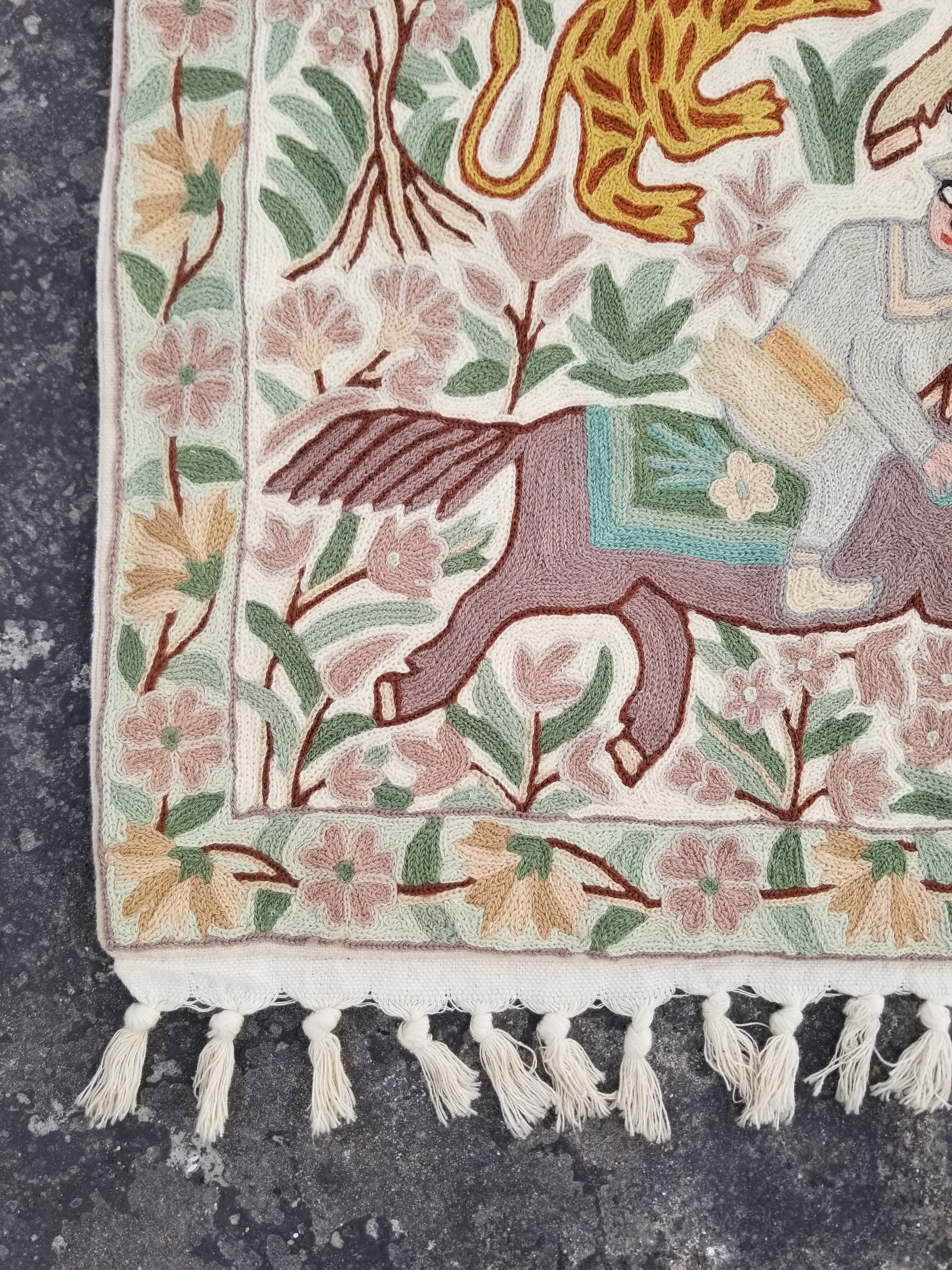 Vintage Handmade Kashmiri Hunting Scene Chain-Stitch Decor Wool Tapestry 36x23in