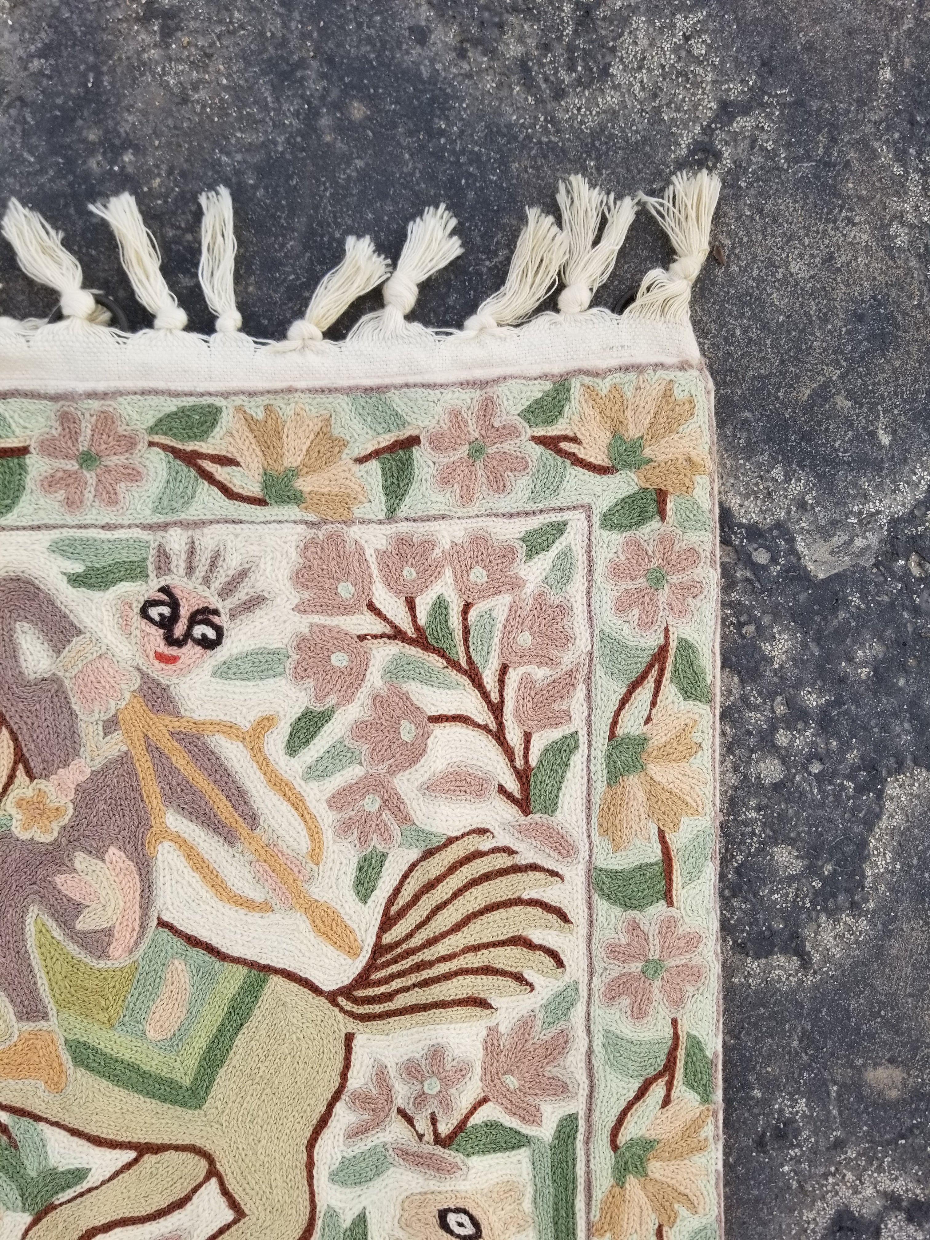 Vintage Handmade Kashmiri Hunting Scene Chain-Stitch Decor Wool Tapestry 36x23in