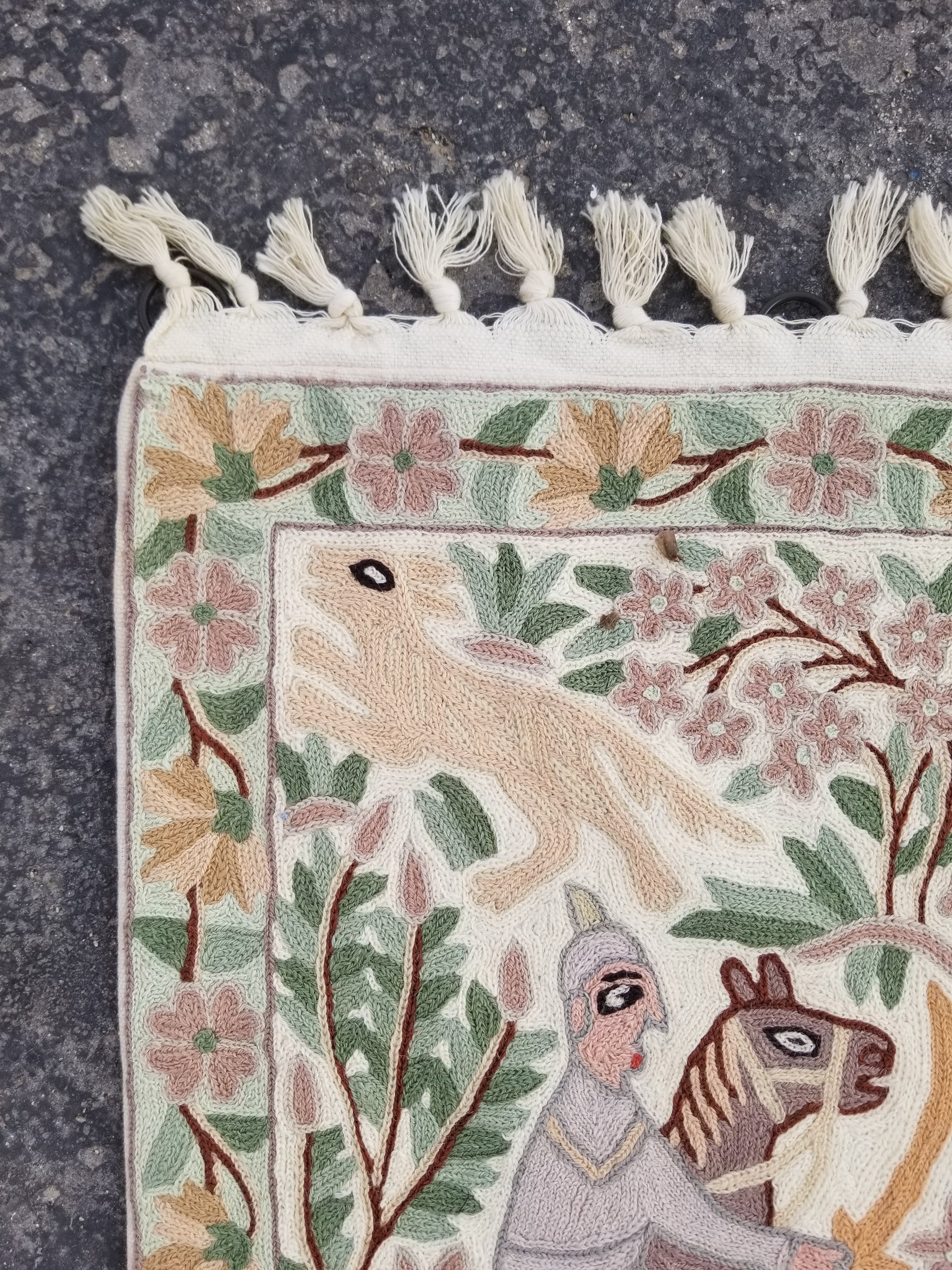 Vintage Handmade Kashmiri Hunting Scene Chain-Stitch Decor Wool Tapestry 36x23in