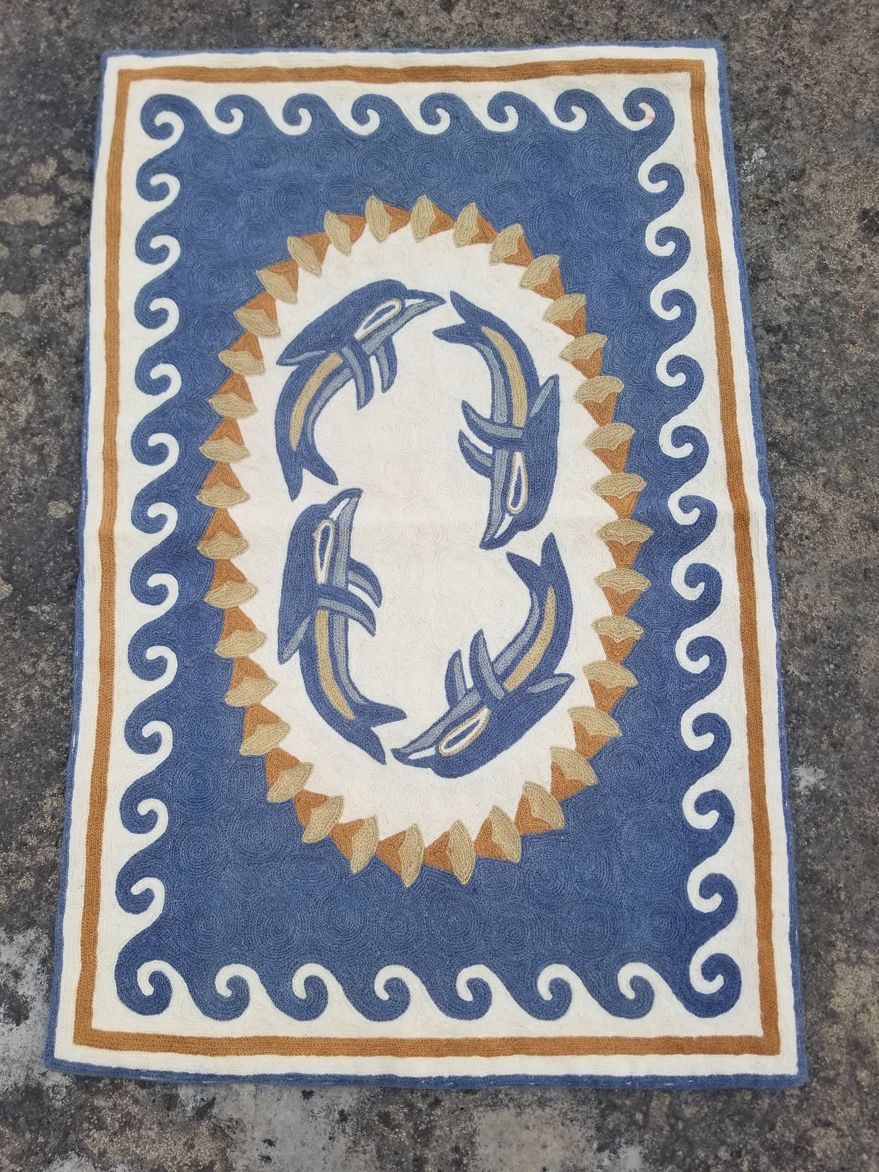 Vintage Handmade Kashmiri Dolphins Chain-Stitch Decor Wool Rug Tapestry 35x22in