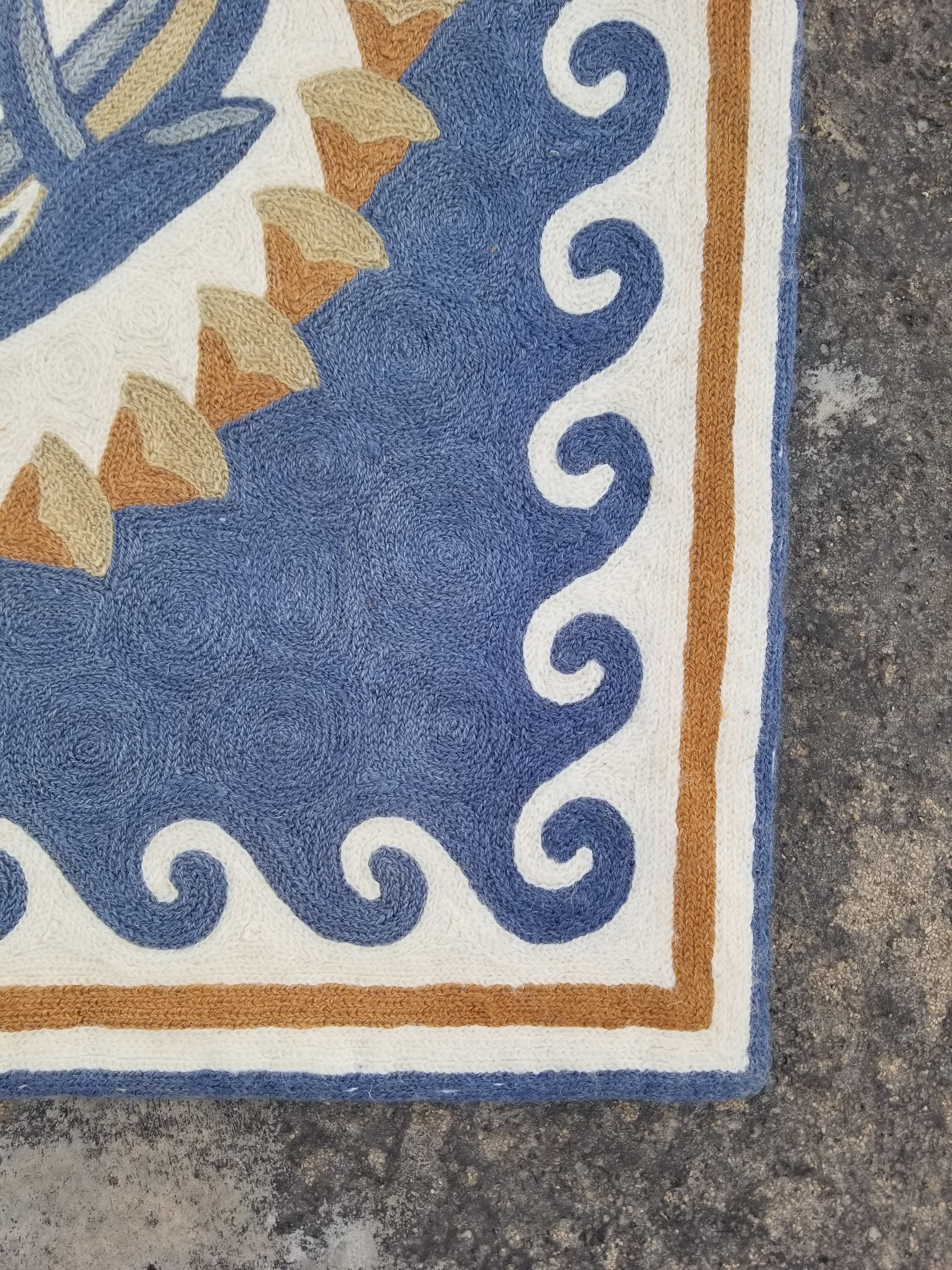 Vintage Handmade Kashmiri Dolphins Chain-Stitch Decor Wool Rug Tapestry 35x22in