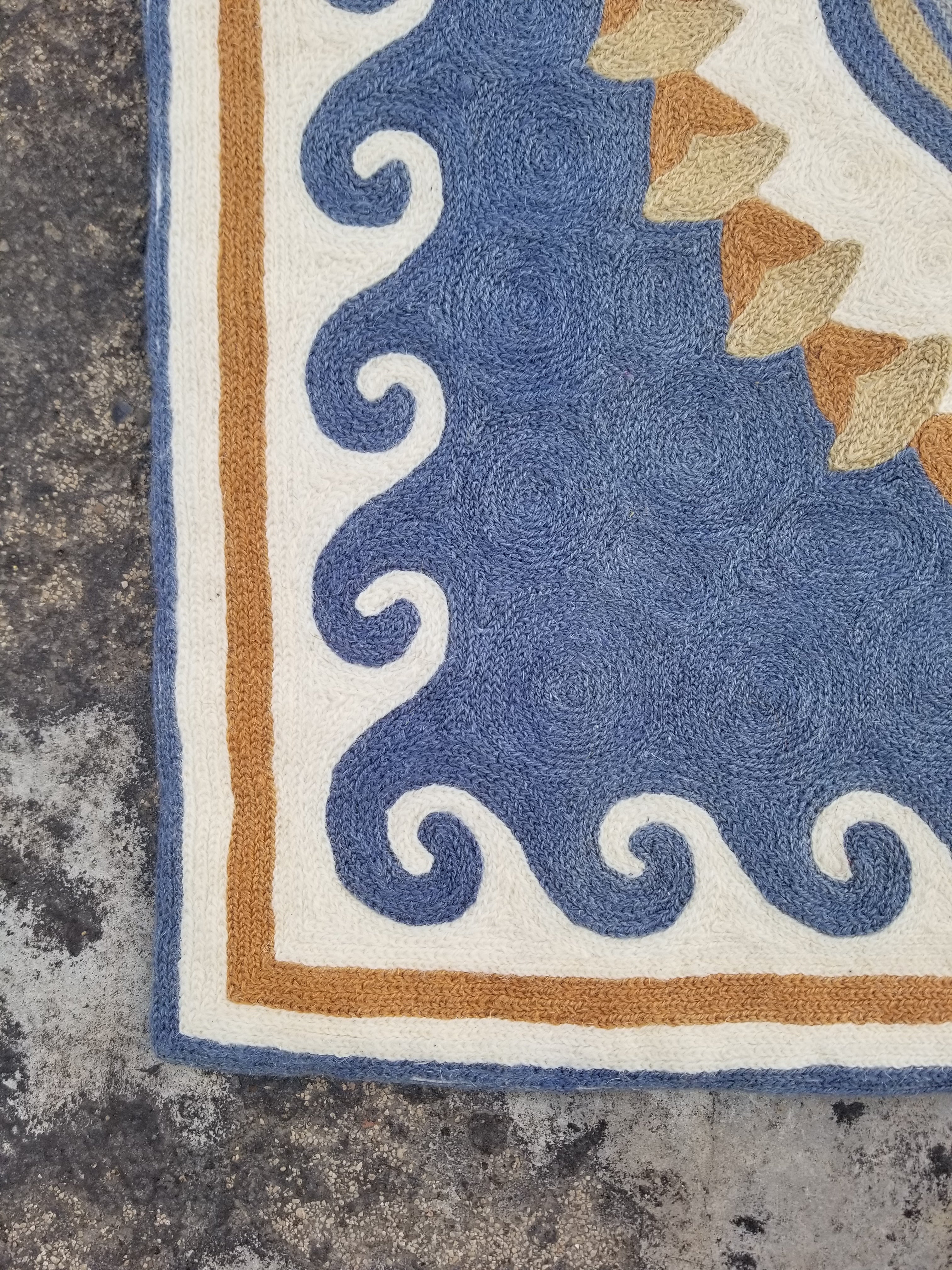 Vintage Handmade Kashmiri Dolphins Chain-Stitch Decor Wool Rug Tapestry 35x22in