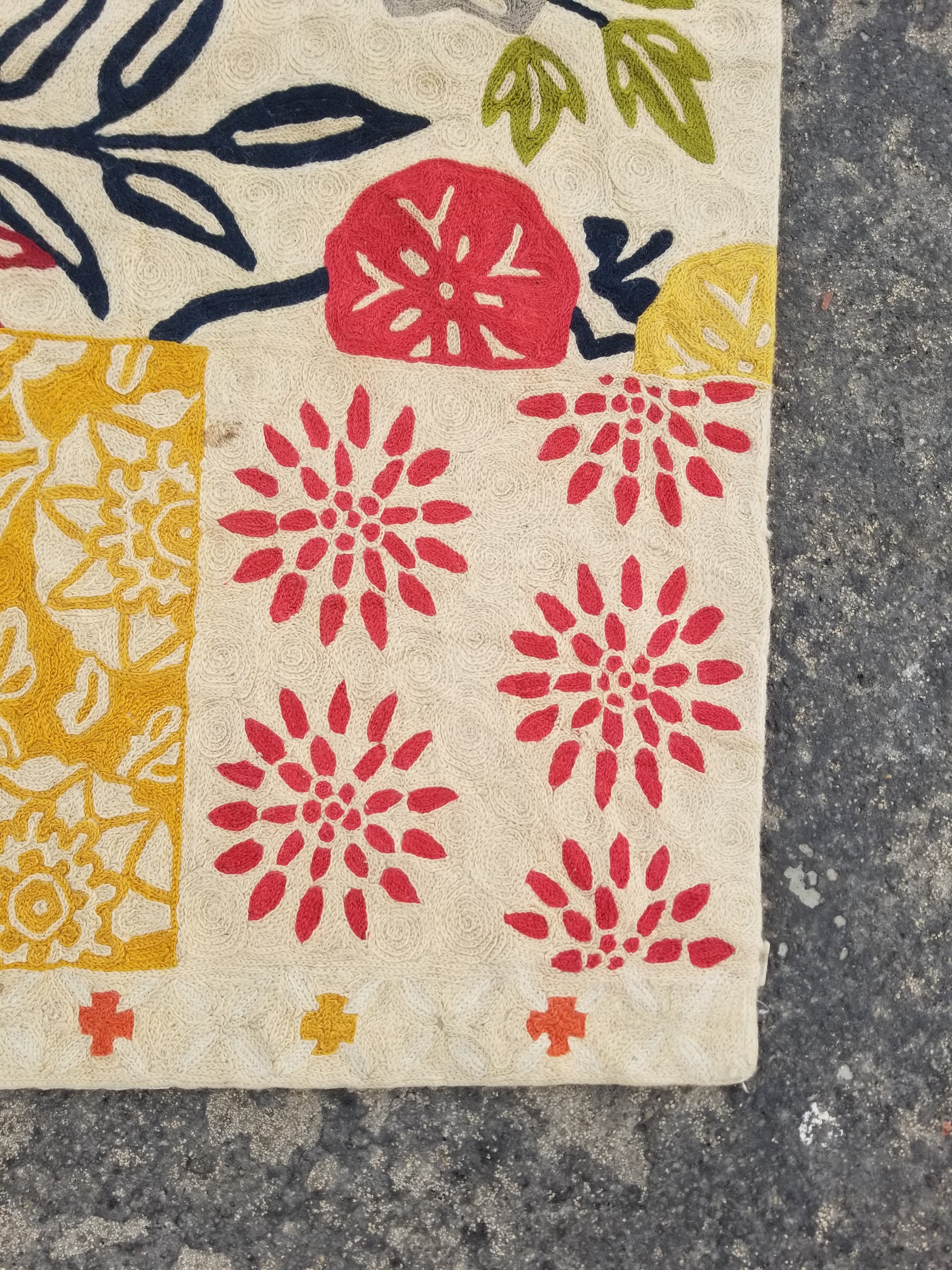 Vintage Handmade Kashmiri Floral Chain-Stitch Decor Wool Rug Tapestry 35x23in