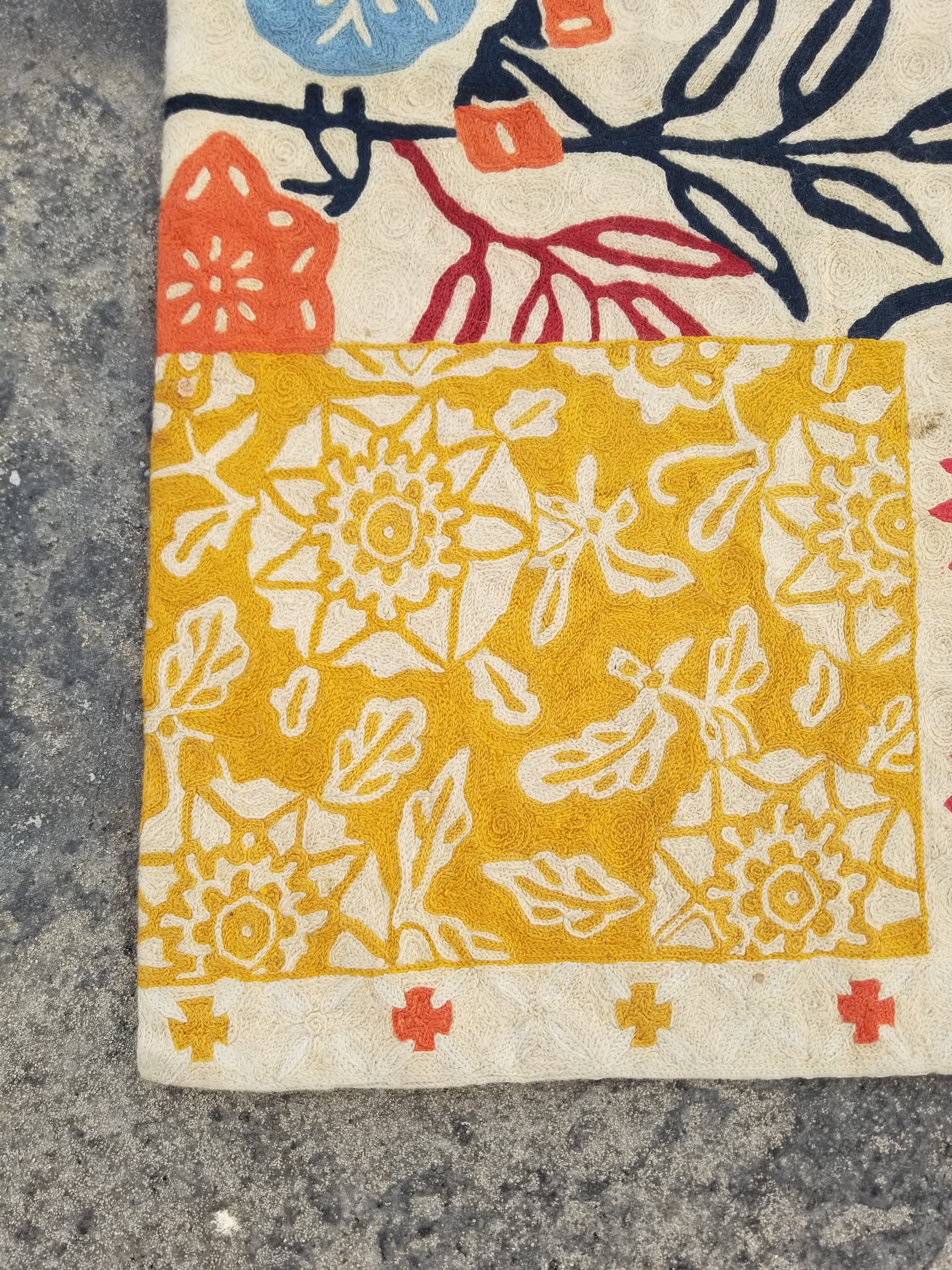 Vintage Handmade Kashmiri Floral Chain-Stitch Decor Wool Rug Tapestry 35x23in