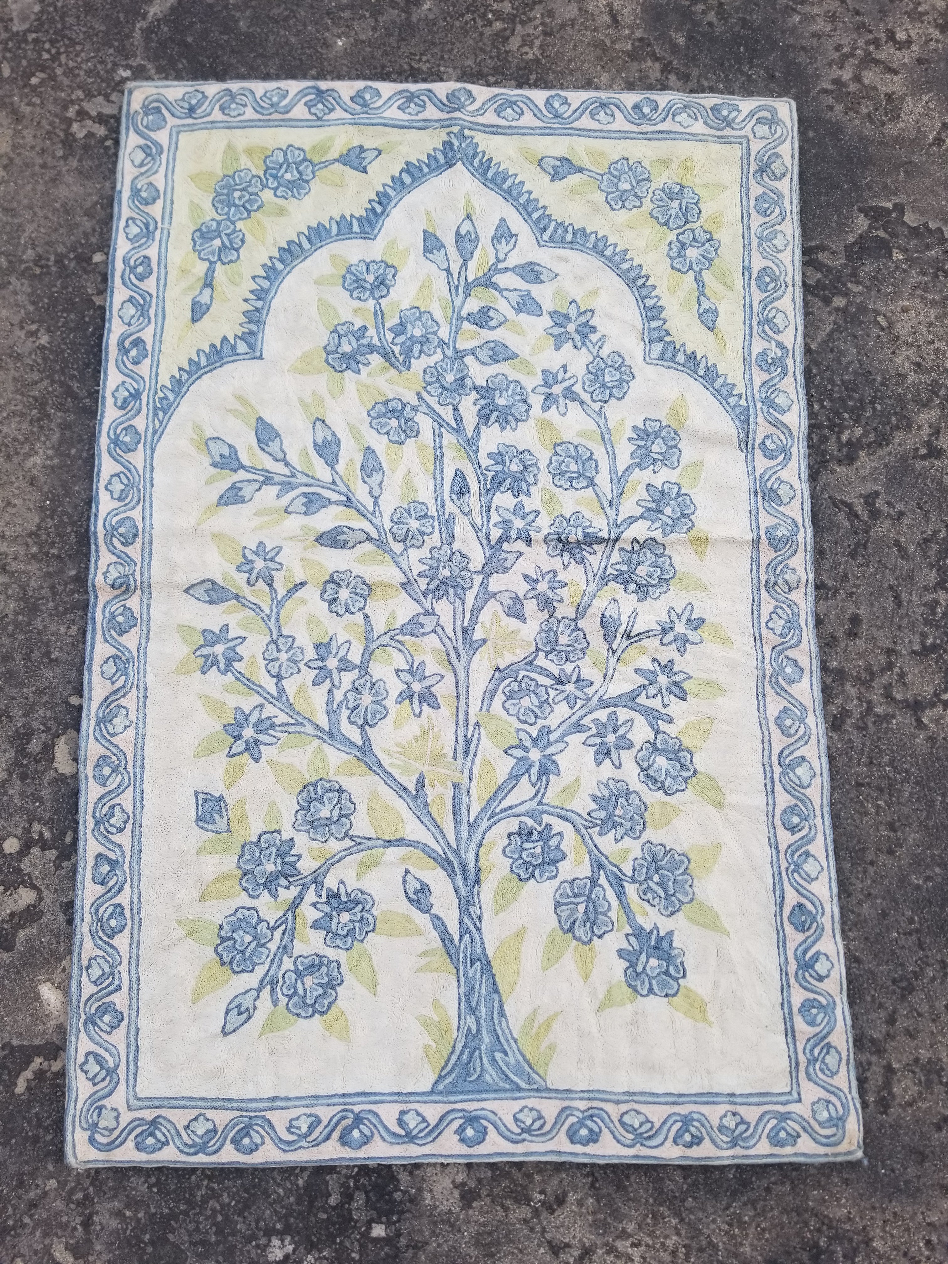 Vintage Handmade Kashmiri Tree Of Life Chain-Stitch Decor Silk Tapestry 35x23in