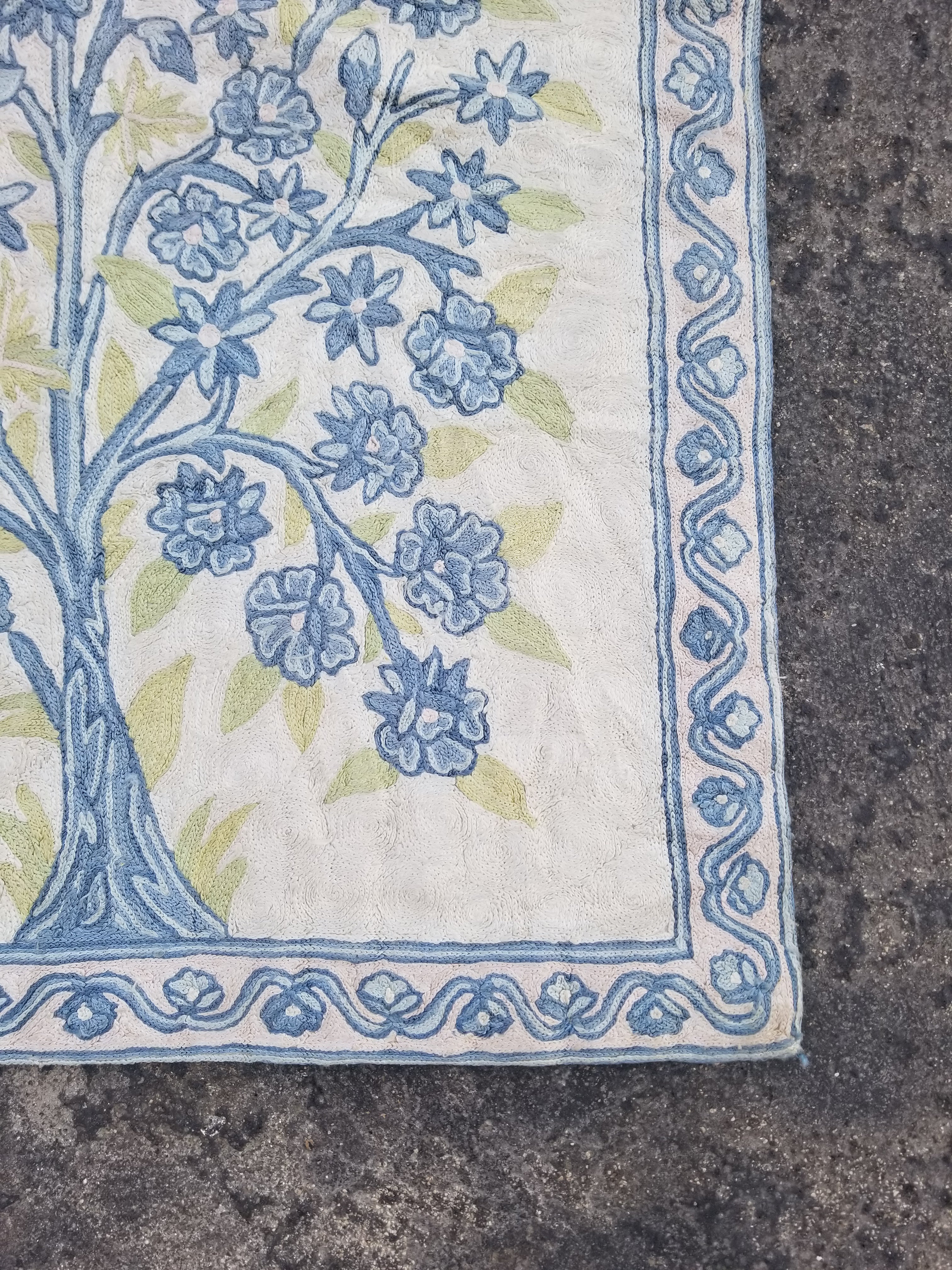 Vintage Handmade Kashmiri Tree Of Life Chain-Stitch Decor Silk Tapestry 35x23in