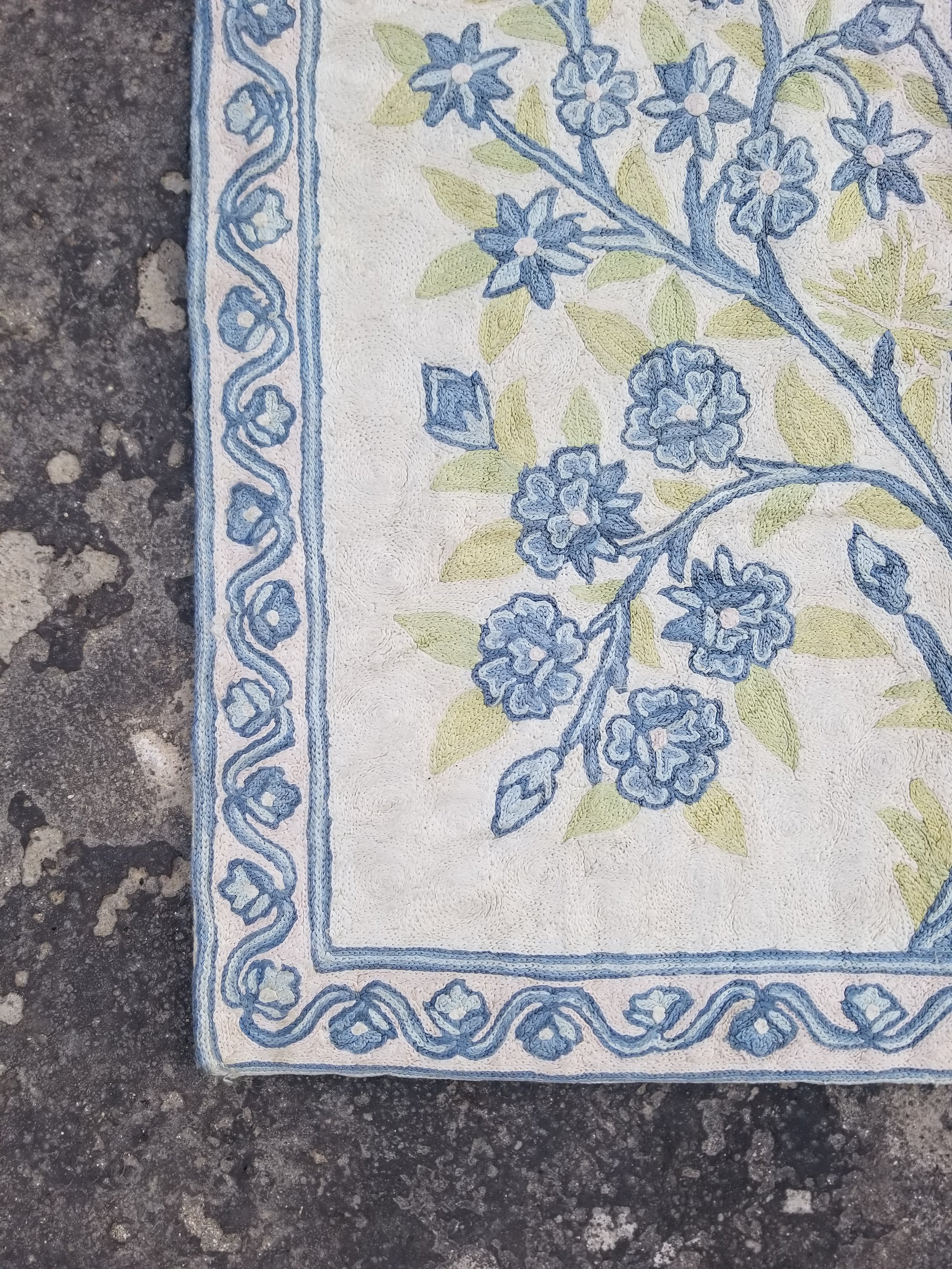 Vintage Handmade Kashmiri Tree Of Life Chain-Stitch Decor Silk Tapestry 35x23in