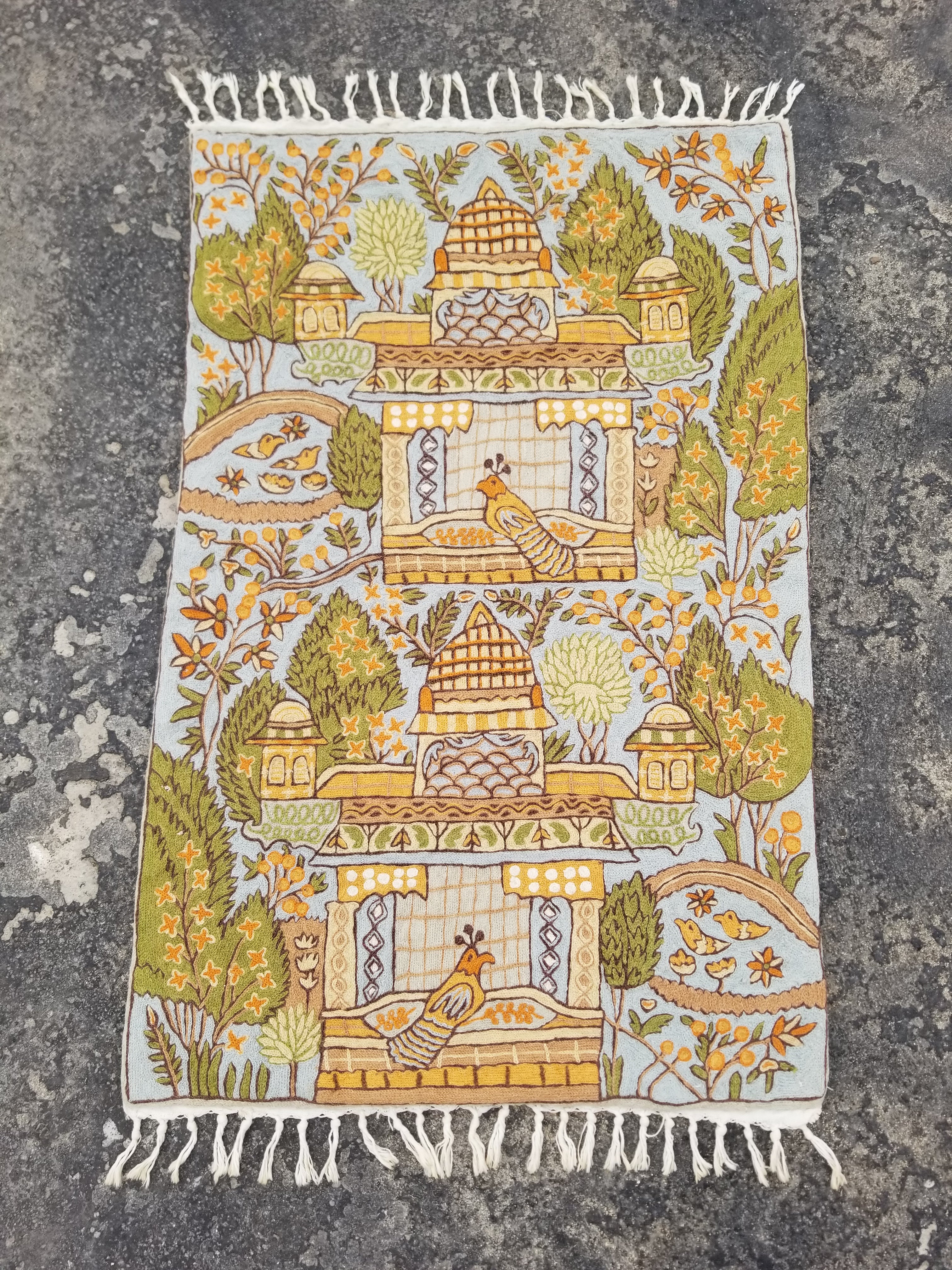 Vintage Handmade Kashmiri Botanical Chain-Stitch Decor Wool Tapestry 34x22in