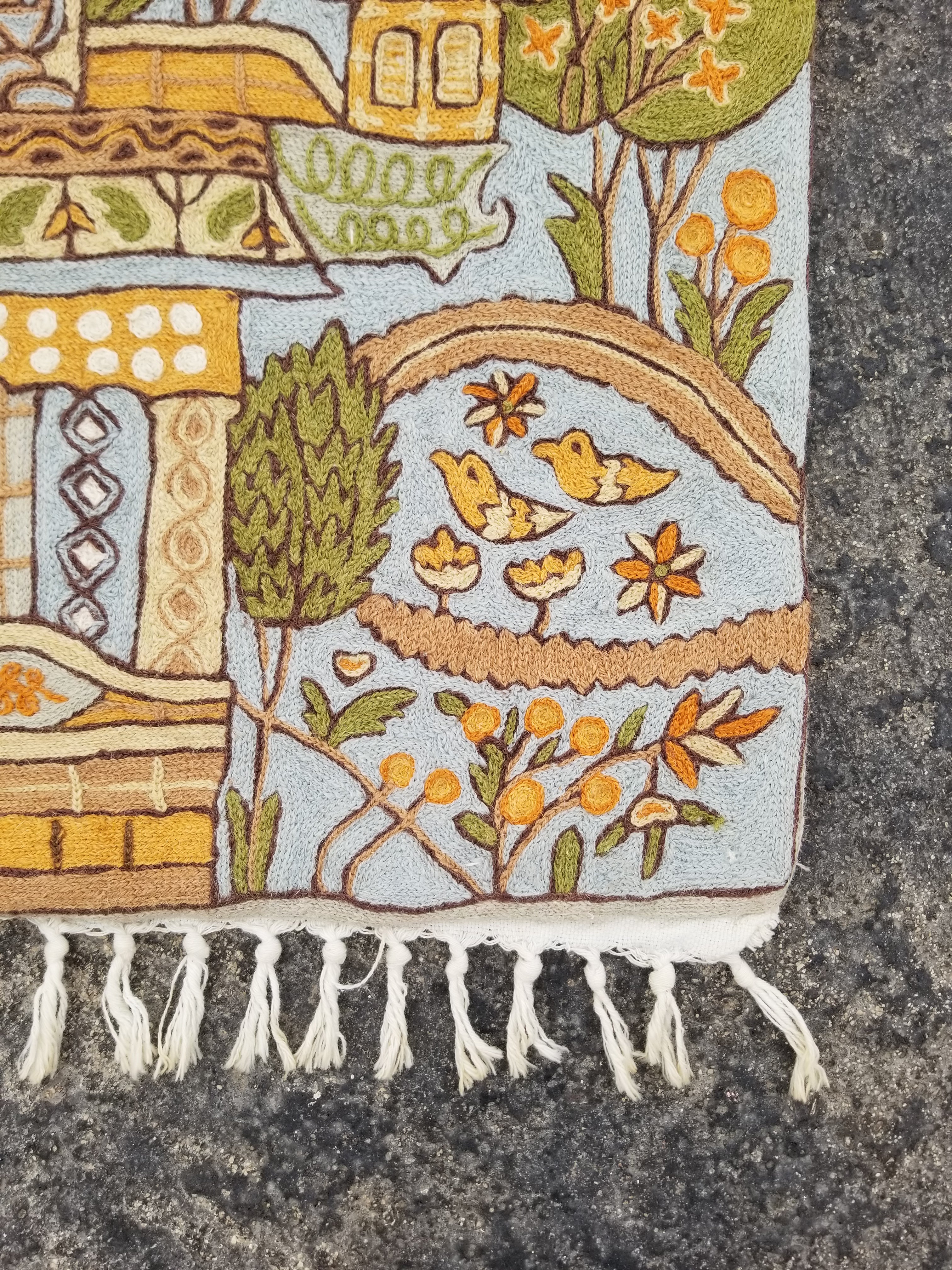 Vintage Handmade Kashmiri Botanical Chain-Stitch Decor Wool Tapestry 34x22in