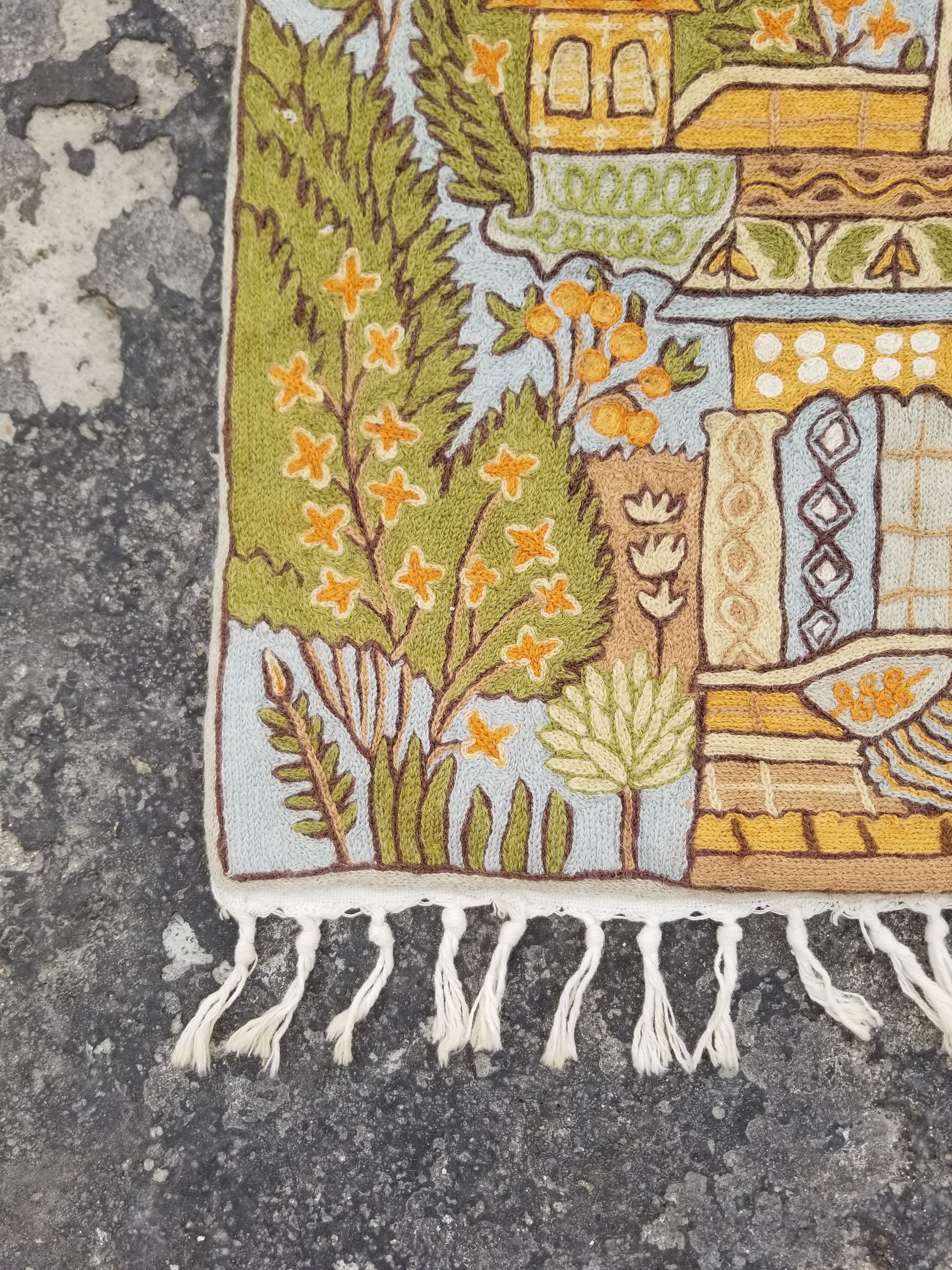 Vintage Handmade Kashmiri Botanical Chain-Stitch Decor Wool Tapestry 34x22in