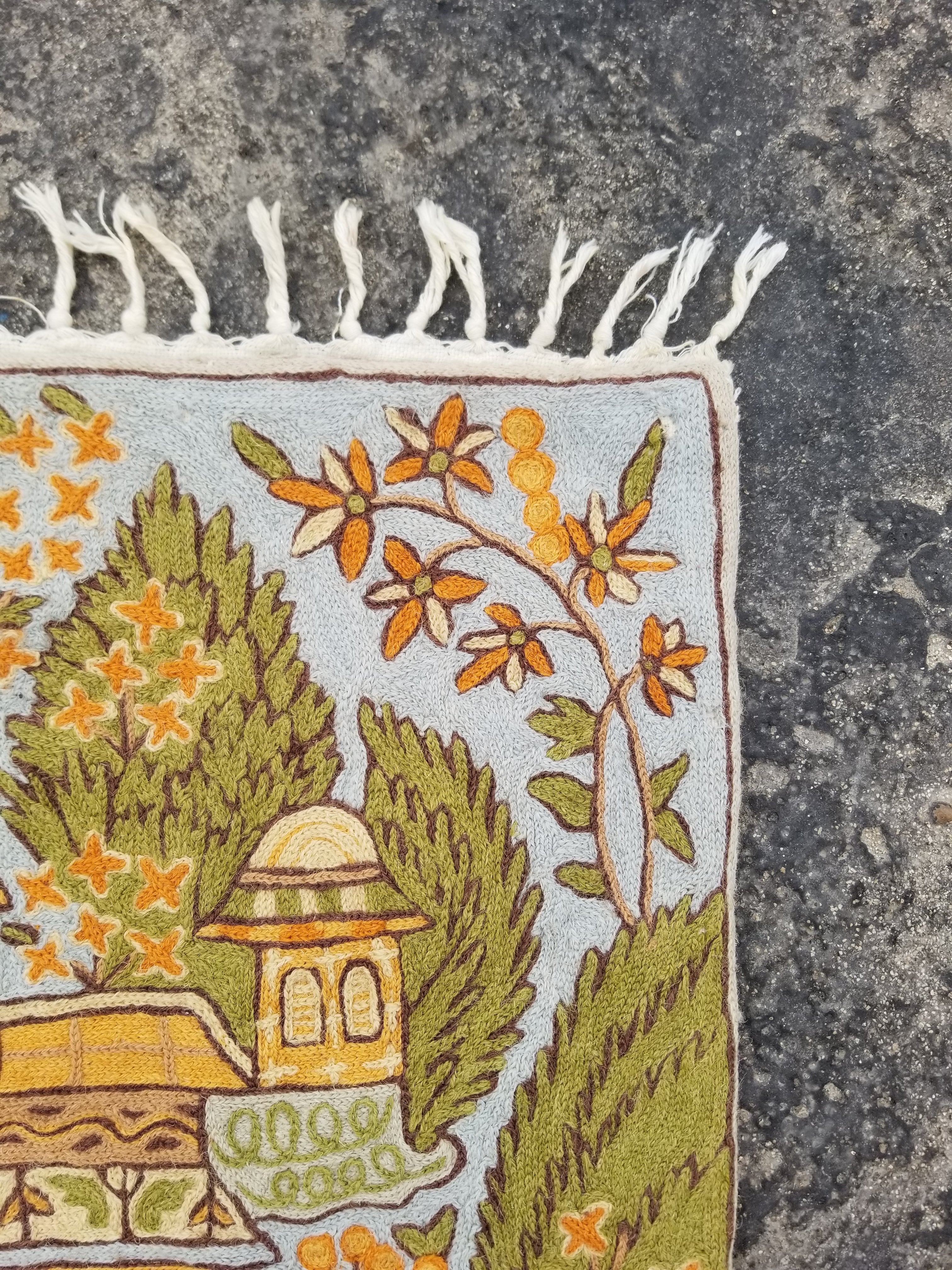 Vintage Handmade Kashmiri Botanical Chain-Stitch Decor Wool Tapestry 34x22in