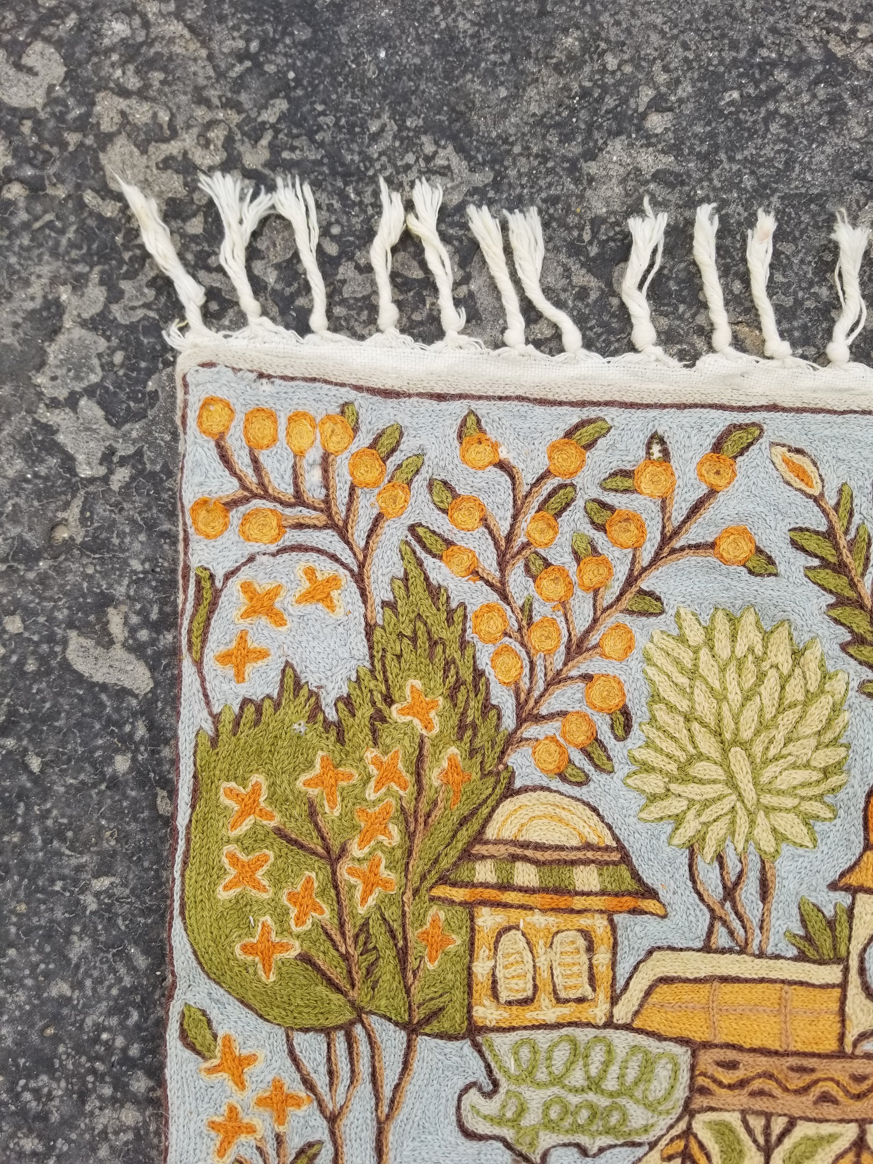 Vintage Handmade Kashmiri Botanical Chain-Stitch Decor Wool Tapestry 34x22in