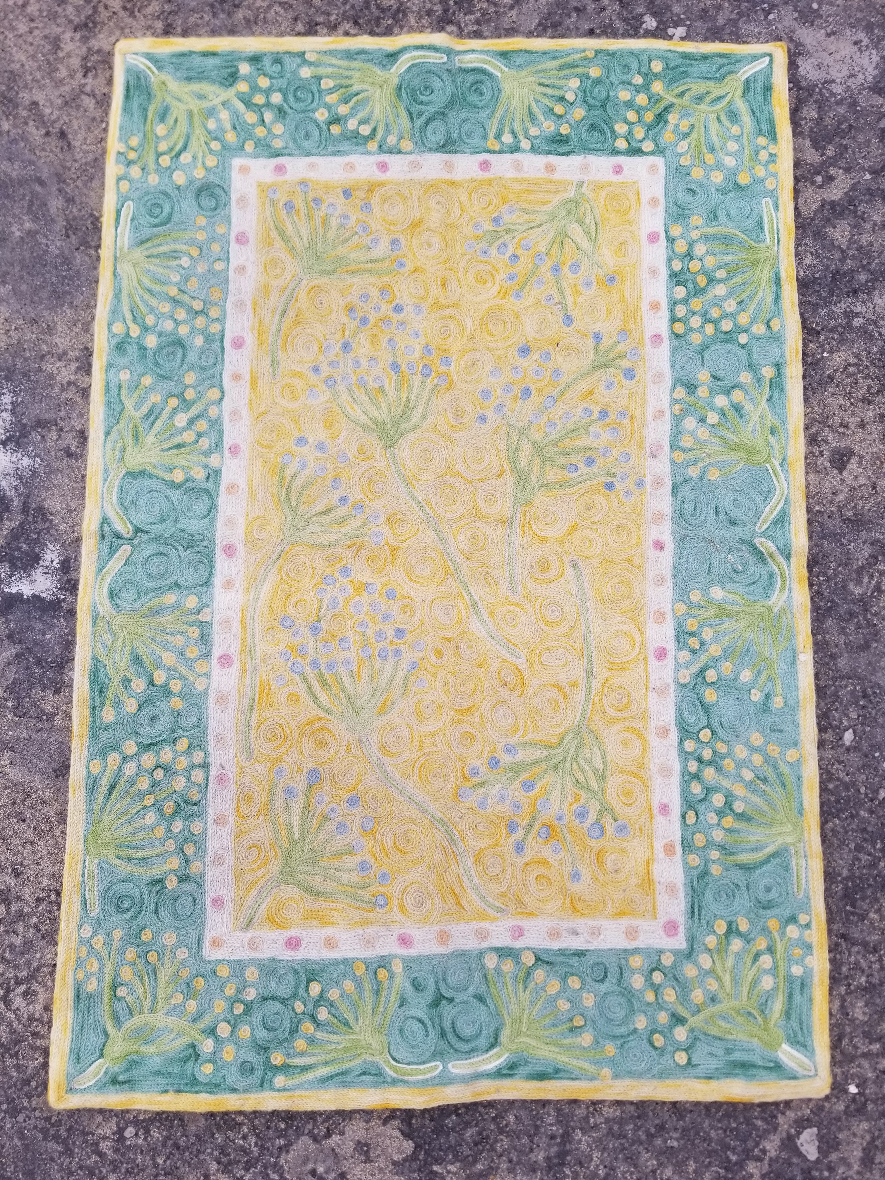 Vintage Handmade Kashmiri Botanical Chain-Stitch Decor Silk Rug 36x24in