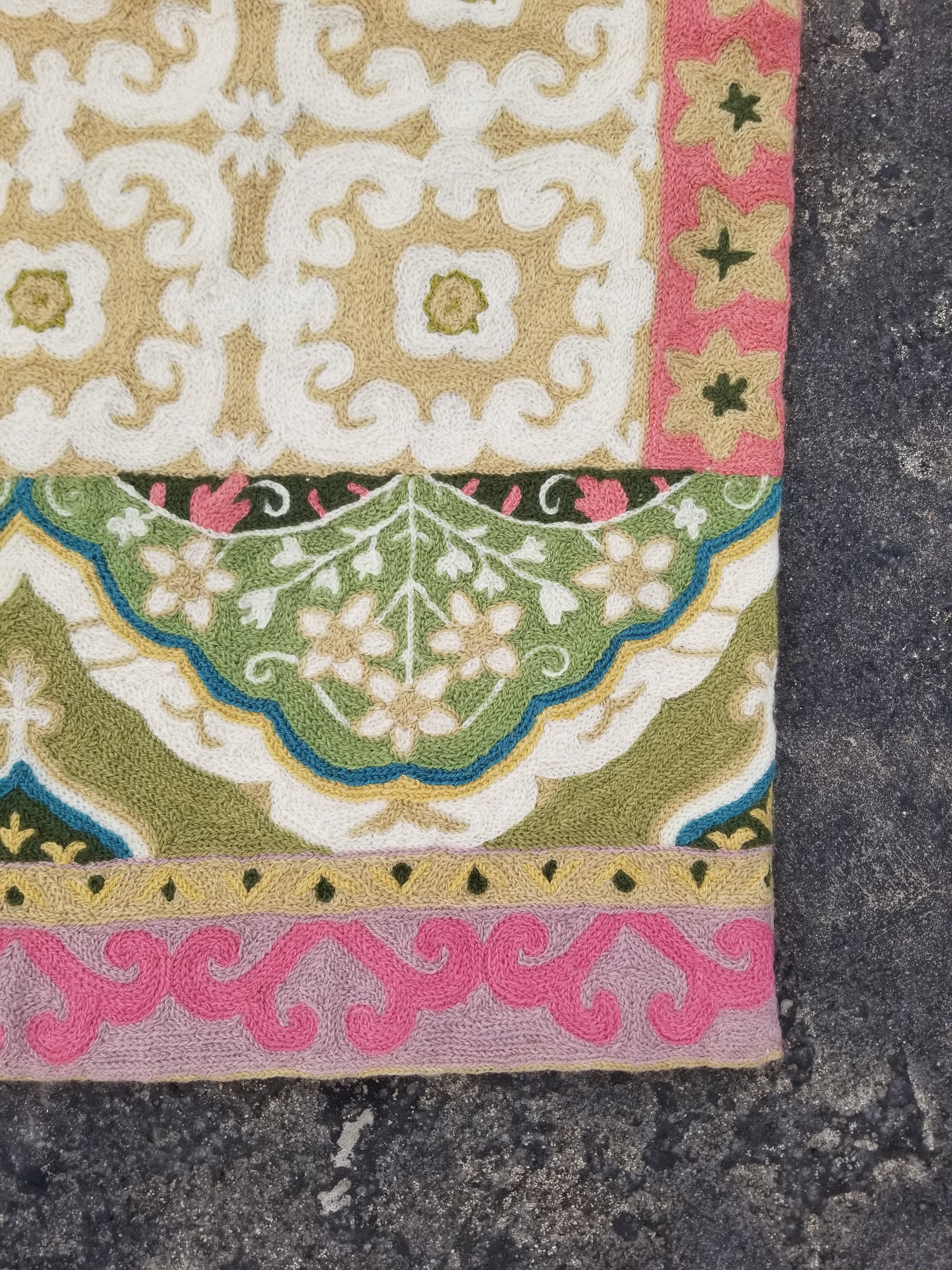 Vintage Handmade Kashmiri Floral Chain-Stitch Decor Wool Rug 35x24in