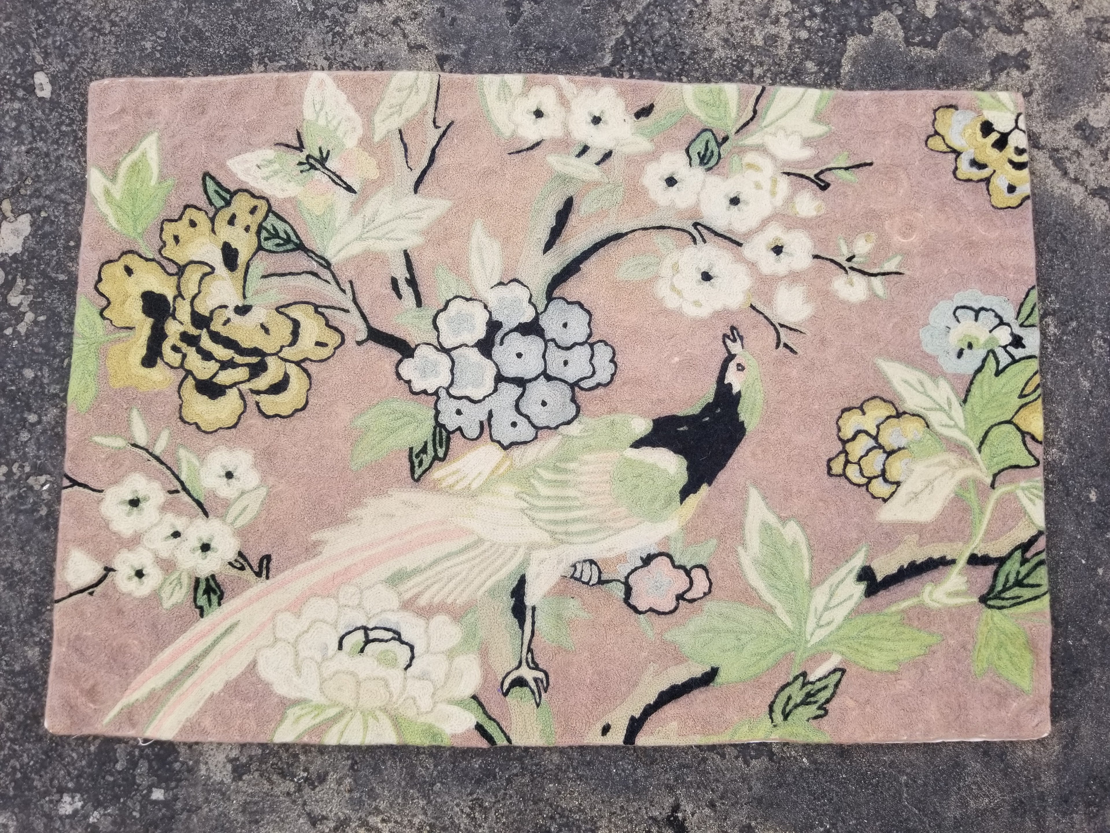 Vintage Handmade Kashmiri Floral Bird Chain-Stitch Decor Wool Rug 33x22in