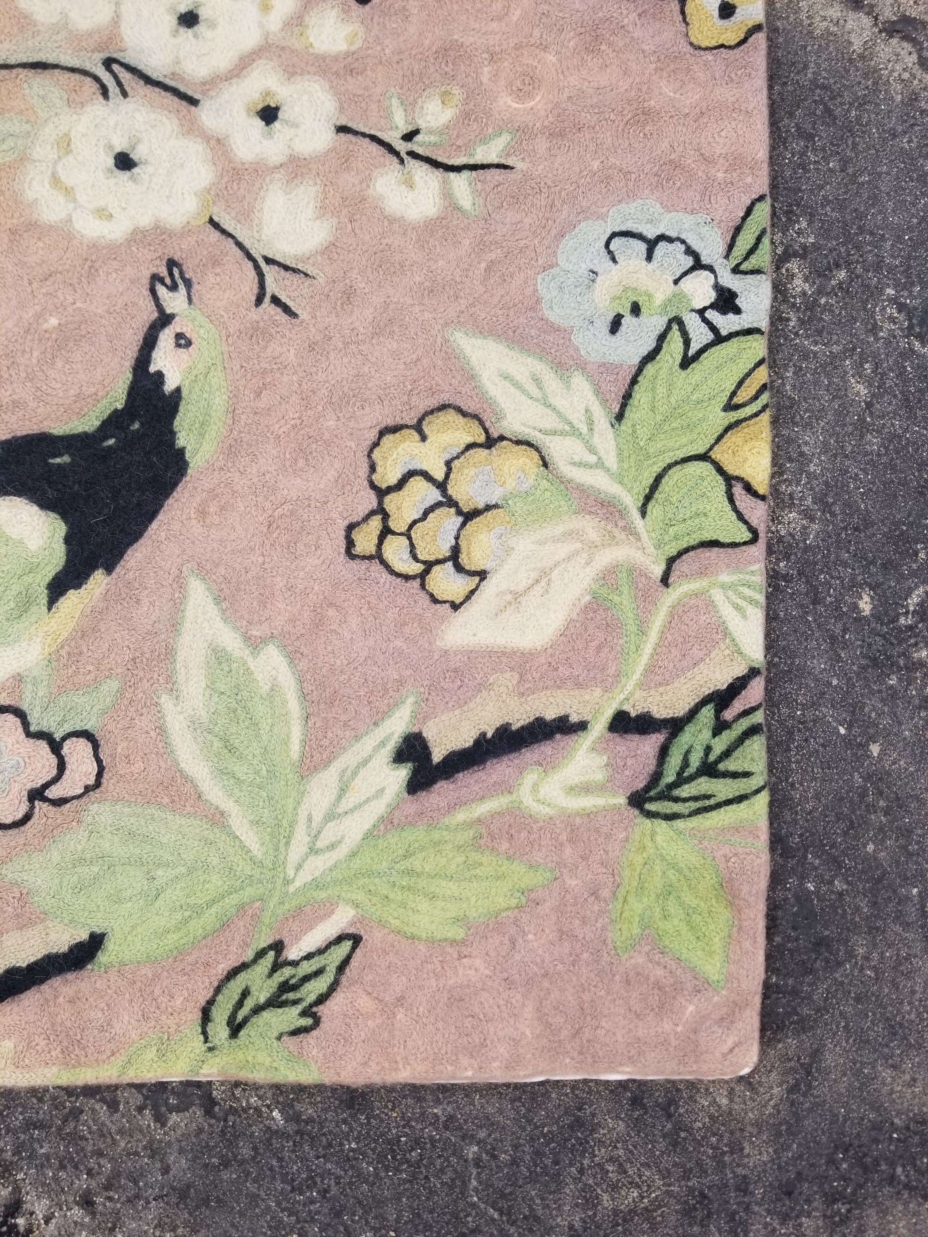 Vintage Handmade Kashmiri Floral Bird Chain-Stitch Decor Wool Rug 33x22in