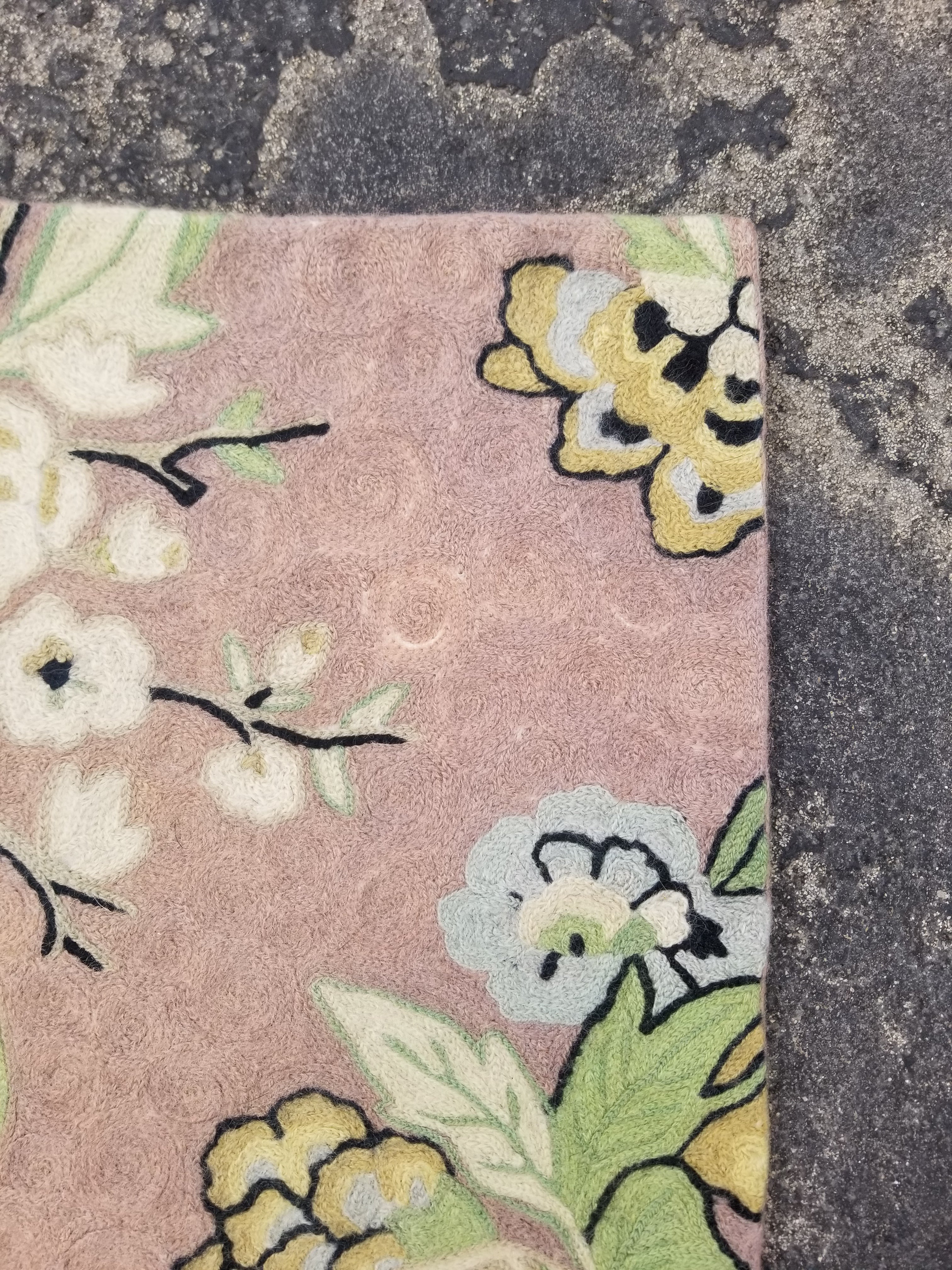 Vintage Handmade Kashmiri Floral Bird Chain-Stitch Decor Wool Rug 33x22in