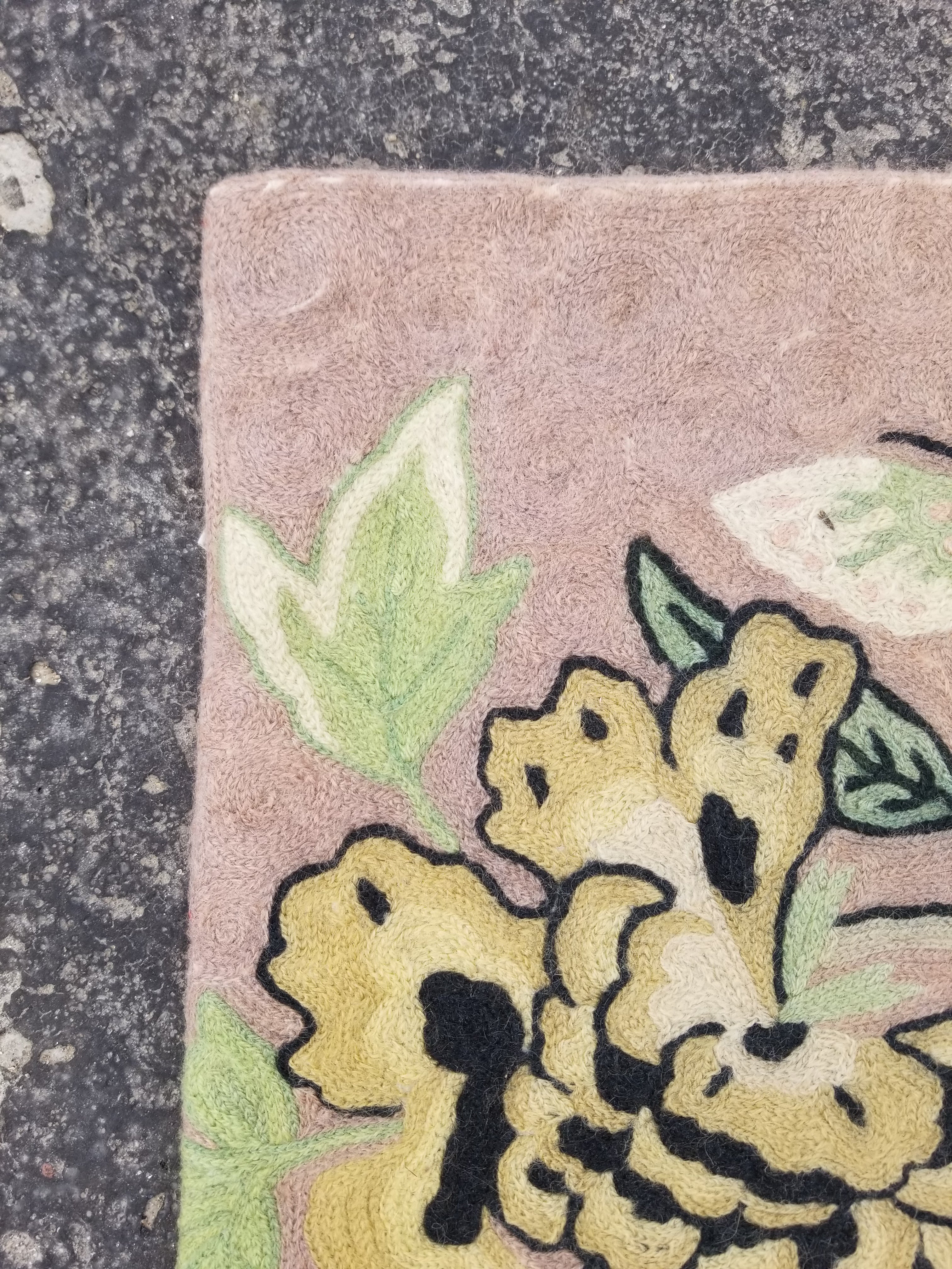 Vintage Handmade Kashmiri Floral Bird Chain-Stitch Decor Wool Rug 33x22in