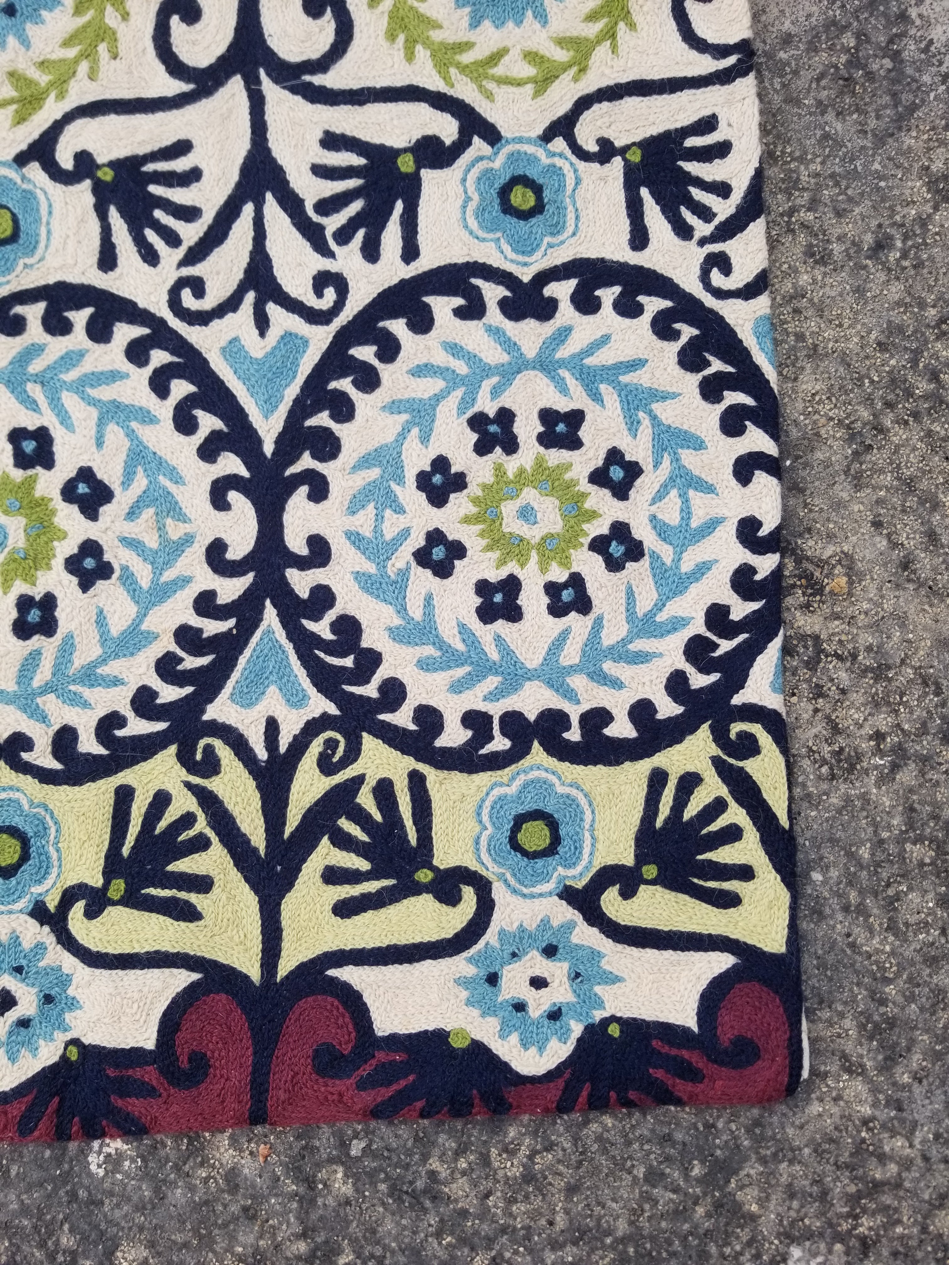 Vintage Handmade Kashmiri Floral Chain-Stitch Decor Wool Rug 34x24in
