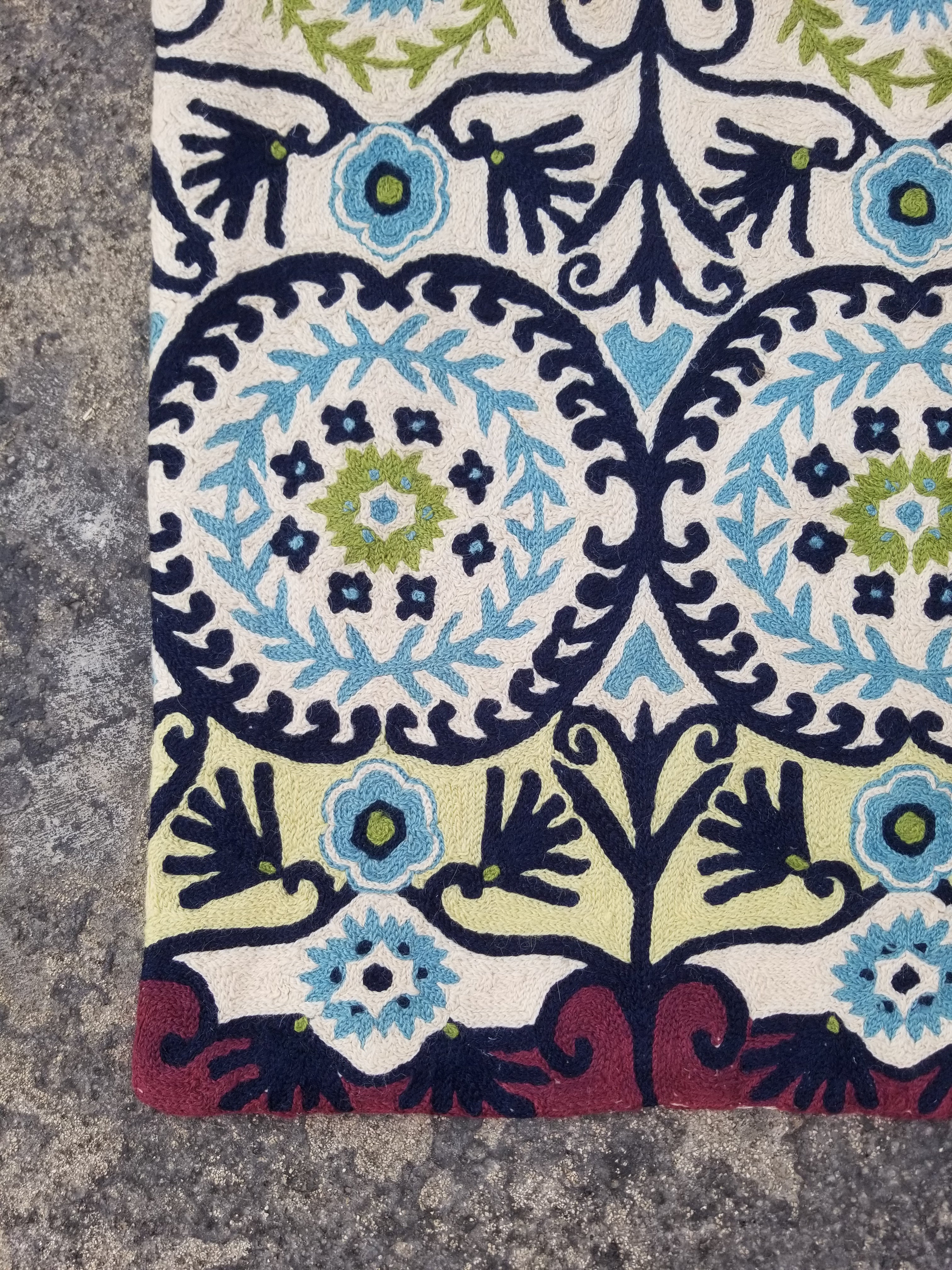 Vintage Handmade Kashmiri Floral Chain-Stitch Decor Wool Rug 34x24in