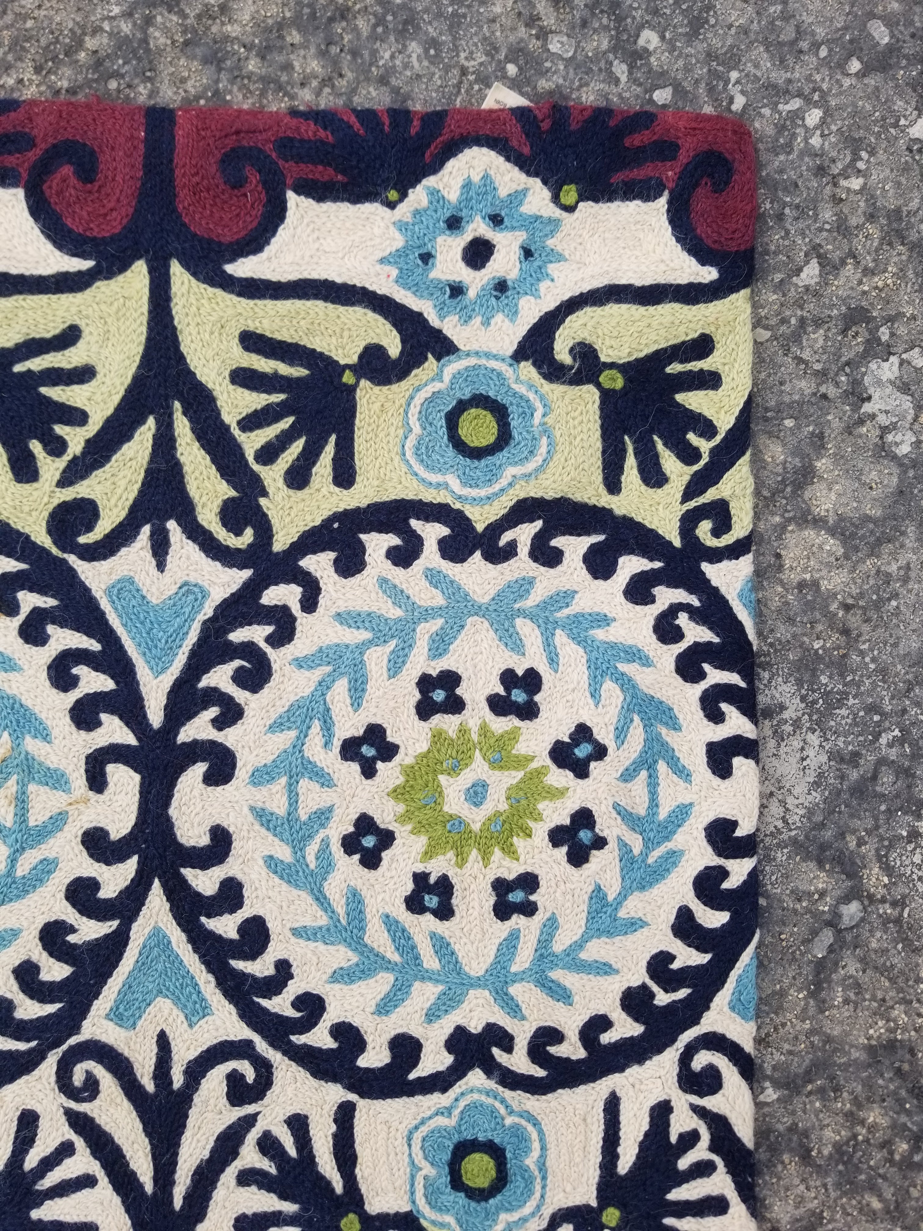 Vintage Handmade Kashmiri Floral Chain-Stitch Decor Wool Rug 34x24in