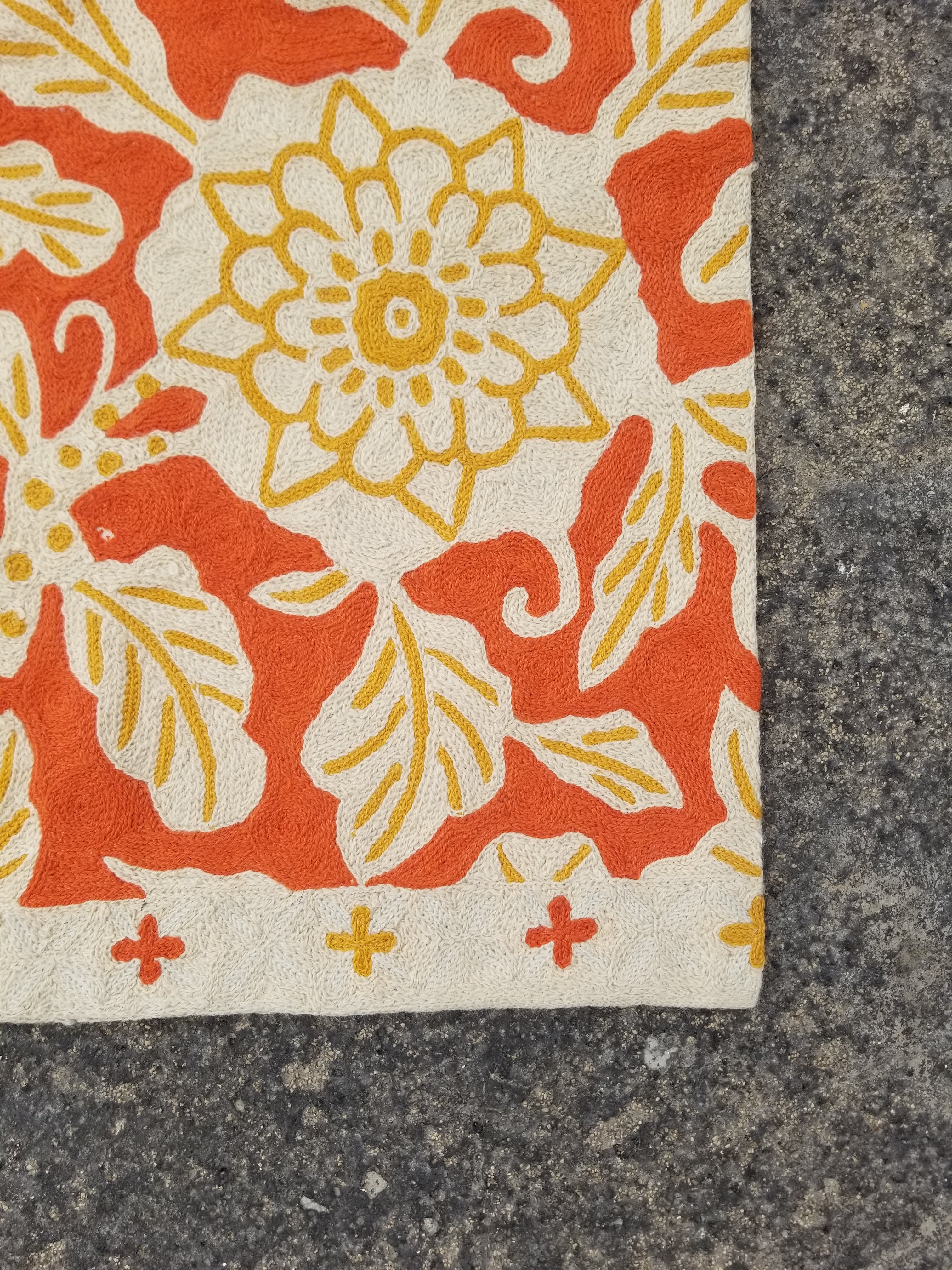 Vintage Handmade Kashmiri Floral Chain-Stitch Decor Wool Rug 35x24in