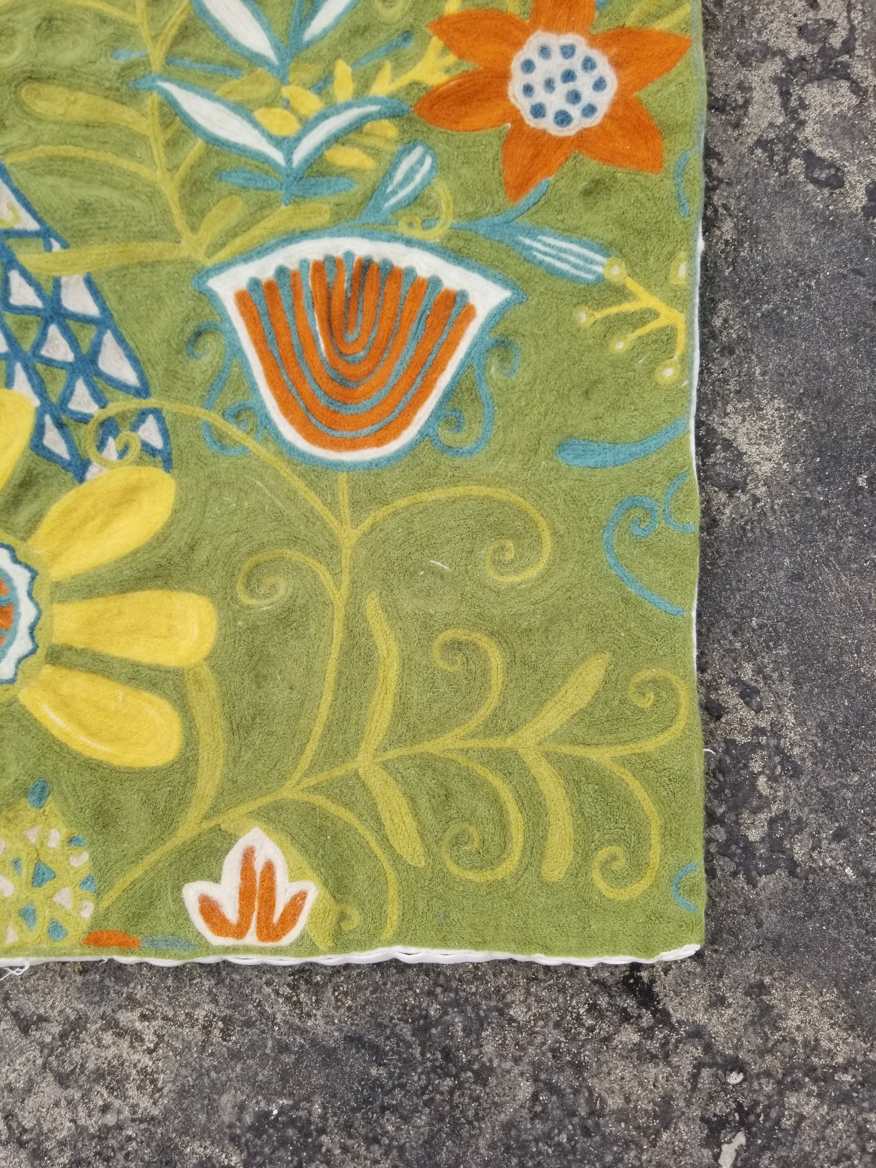 Vintage Handmade Kashmiri Botanical Chain-Stitch Decor Wool Rug 33x22in