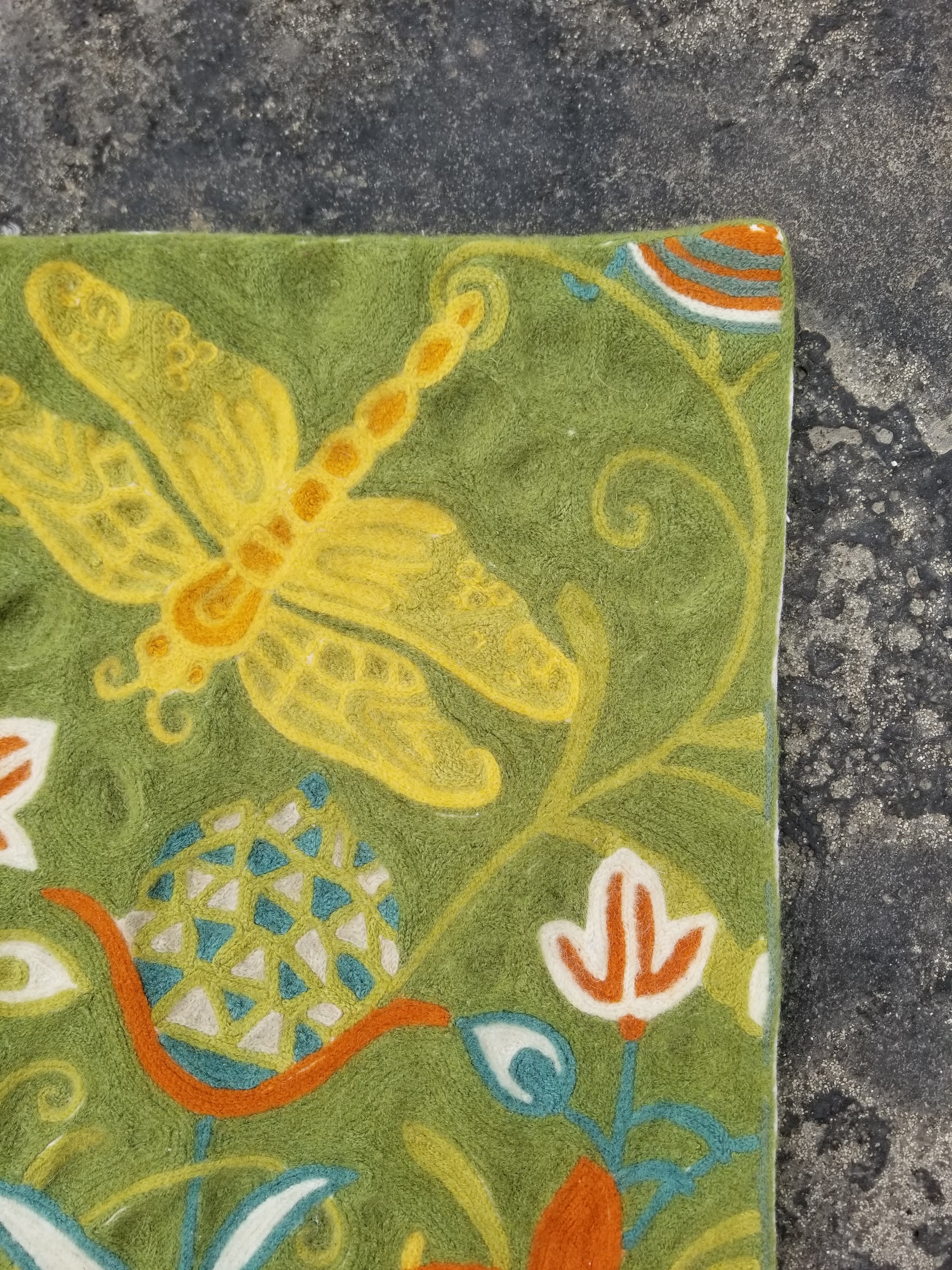 Vintage Handmade Kashmiri Botanical Chain-Stitch Decor Wool Rug 33x22in