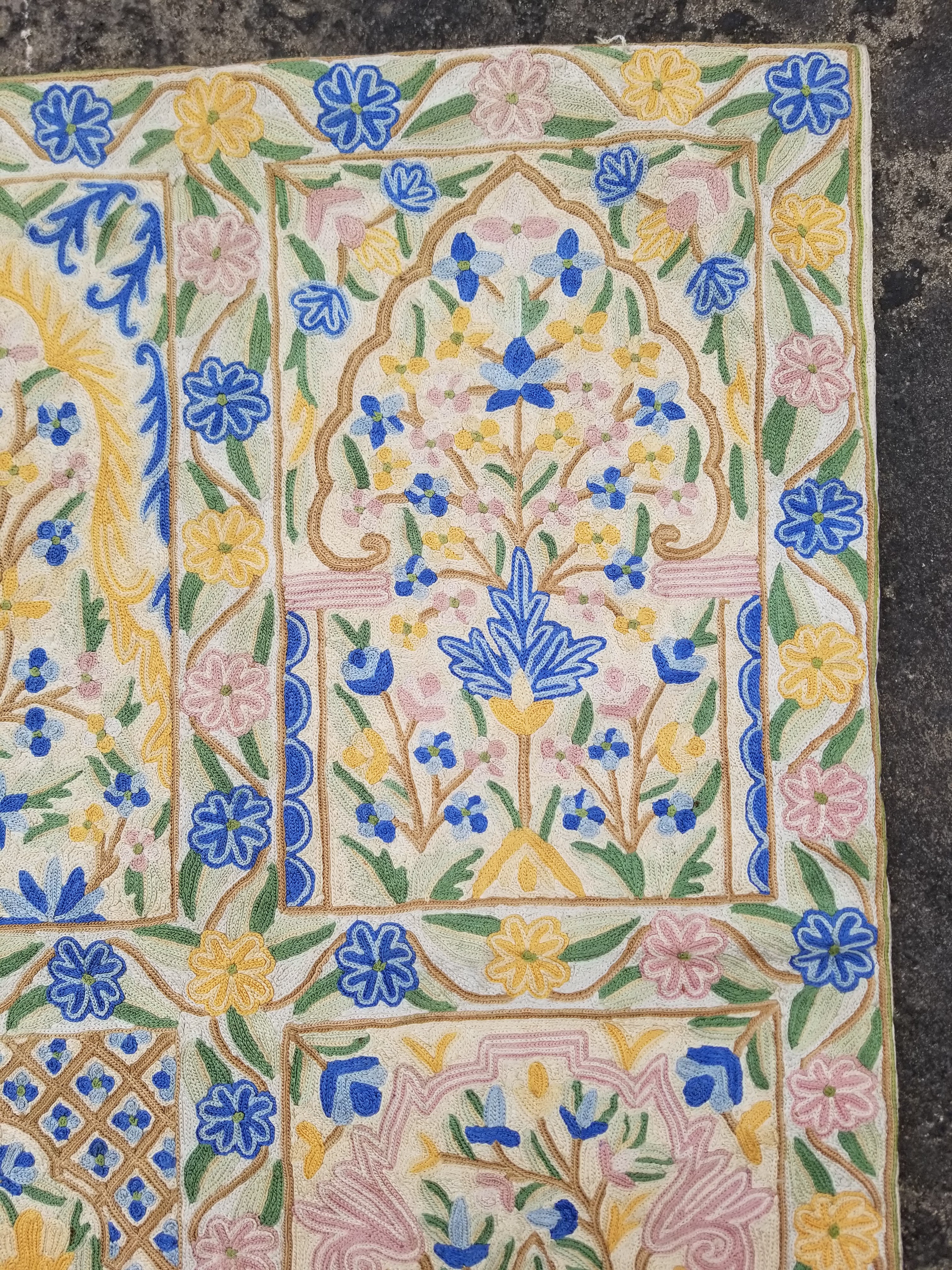 Vintage Handmade Kashmiri Floral Chain-Stitch Decor Silk Tapestry 34x24in