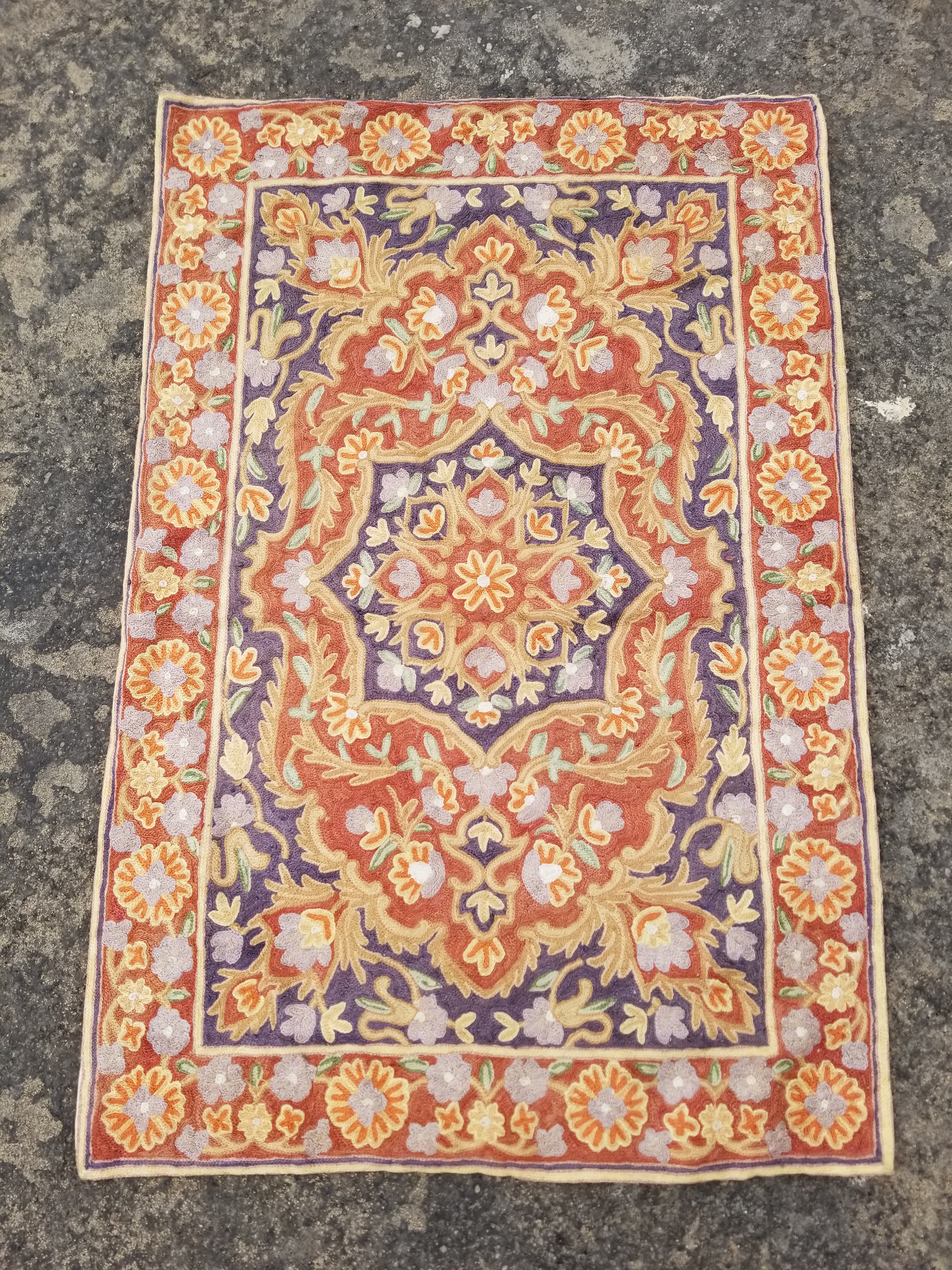 Vintage Handmade Kashmiri Floral Chain-Stitch Decor Silk Rug 35x23in