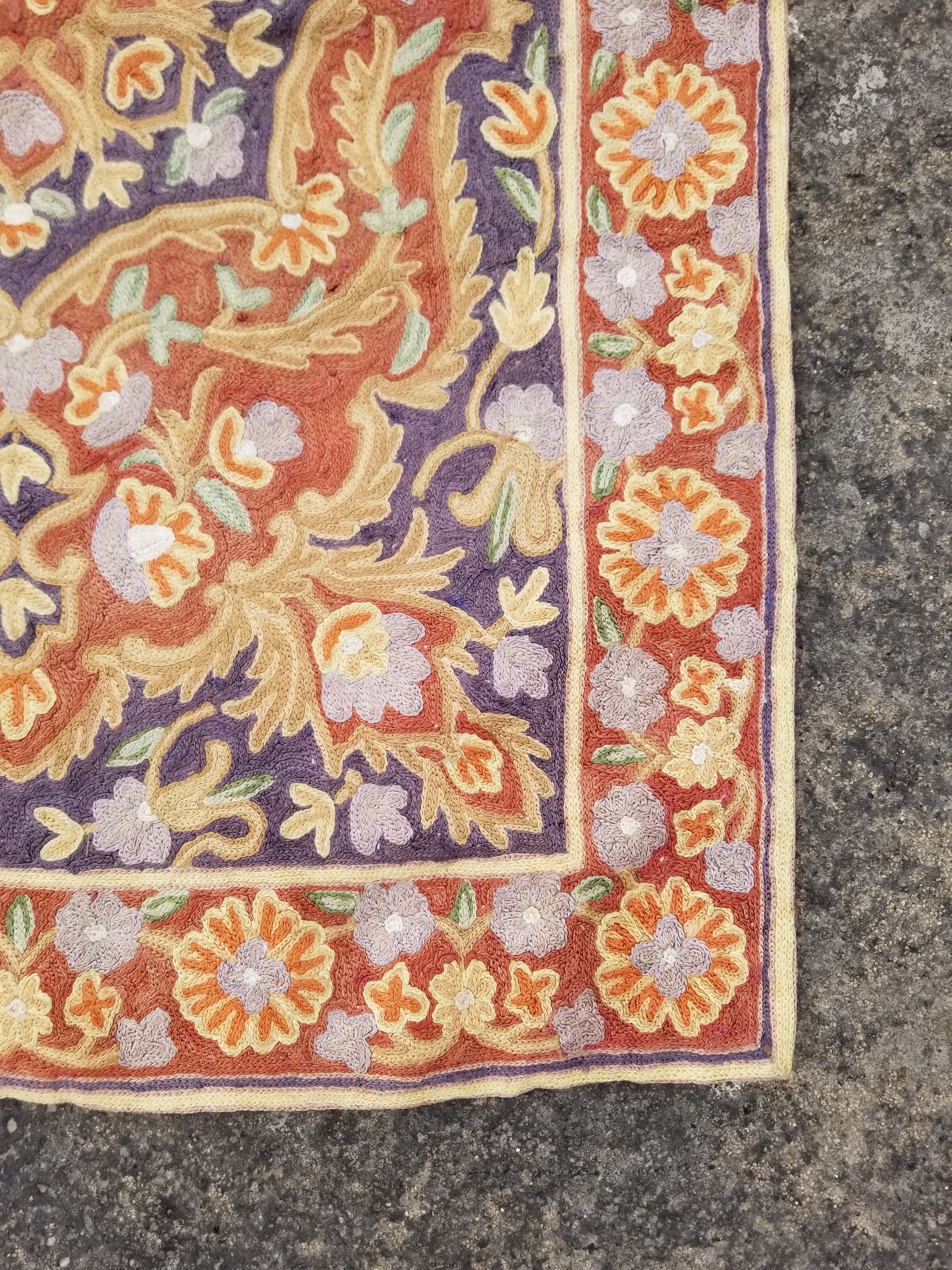 Vintage Handmade Kashmiri Floral Chain-Stitch Decor Silk Rug 35x23in