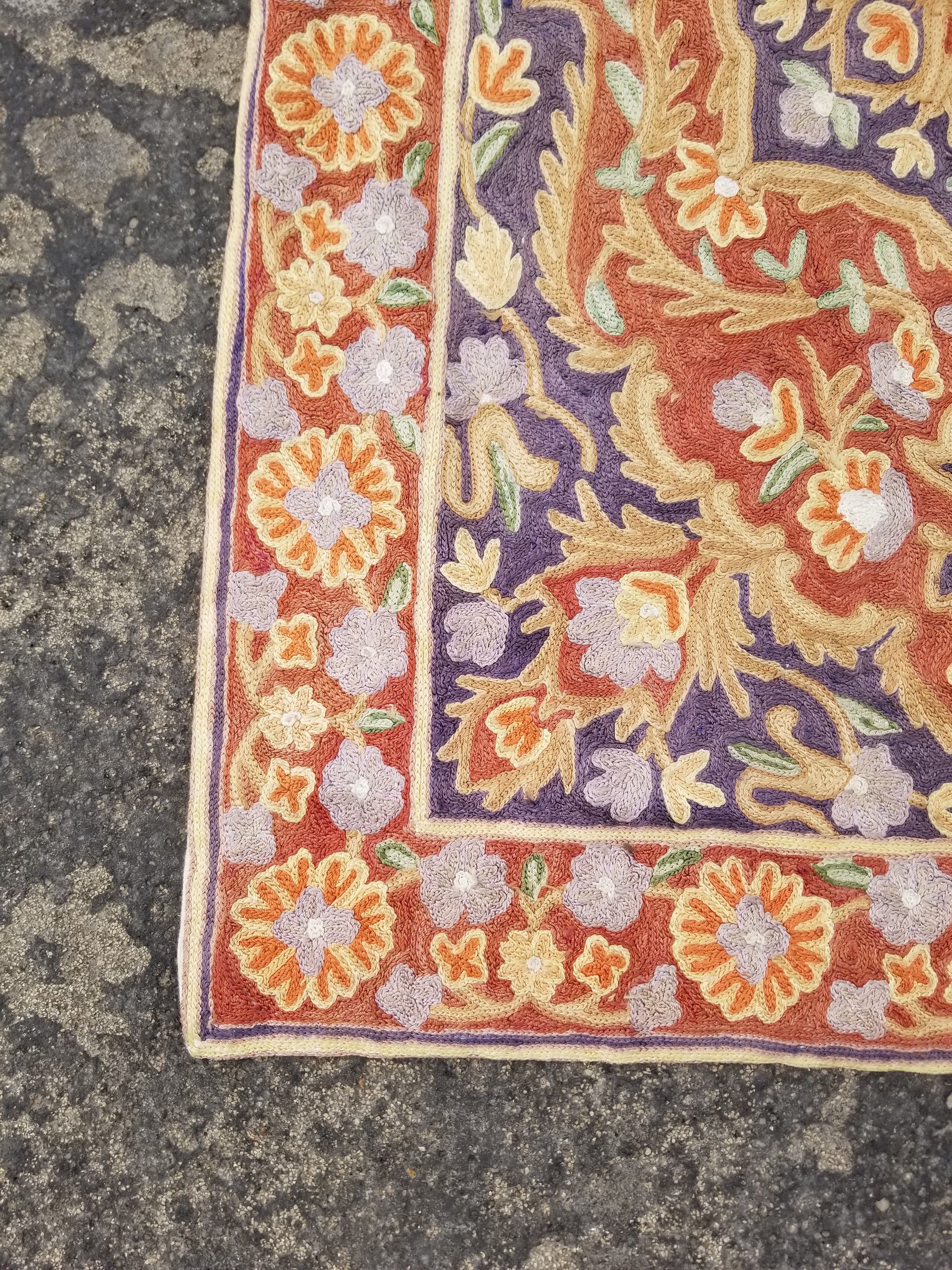Vintage Handmade Kashmiri Floral Chain-Stitch Decor Silk Rug 35x23in