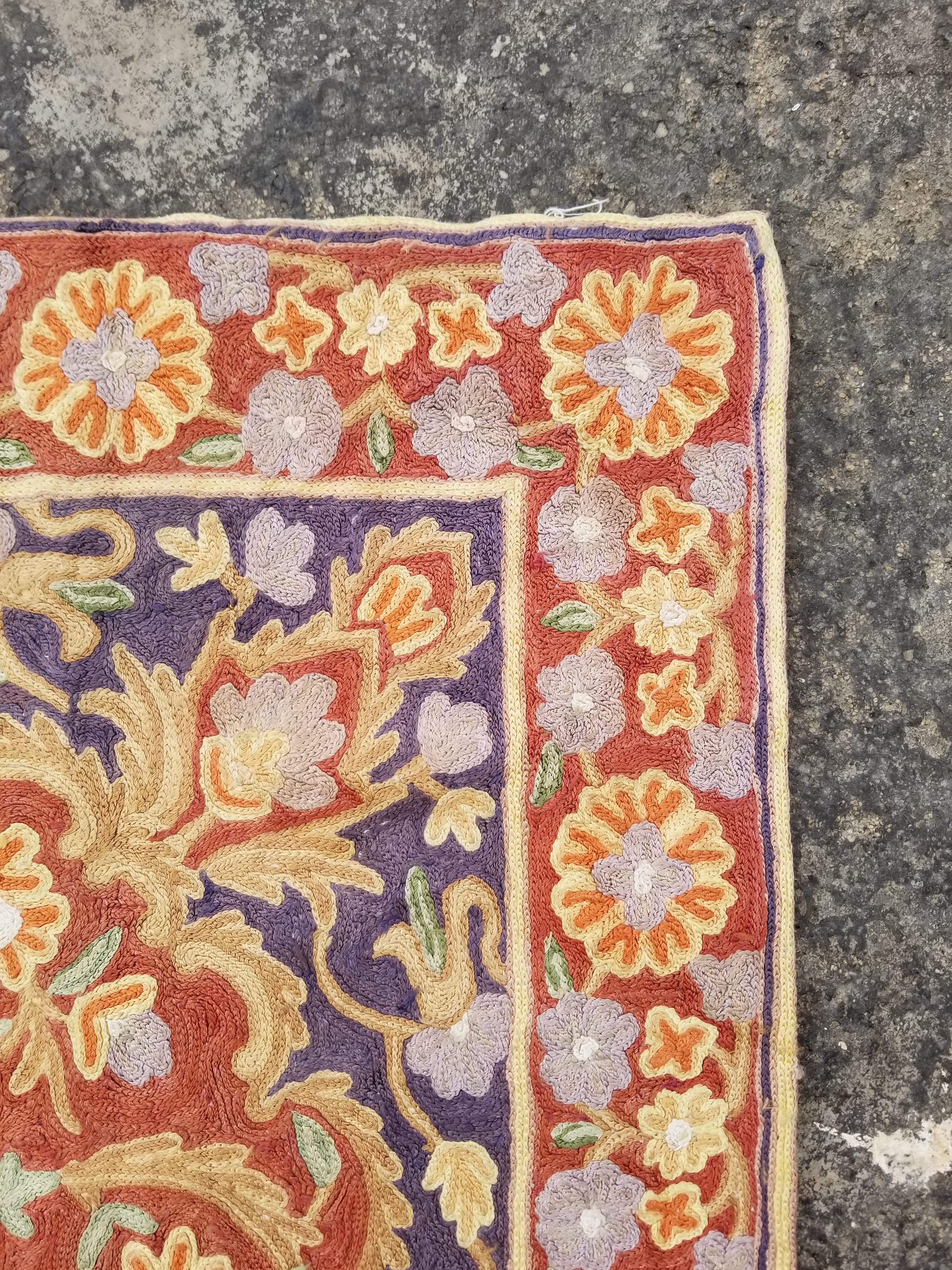 Vintage Handmade Kashmiri Floral Chain-Stitch Decor Silk Rug 35x23in