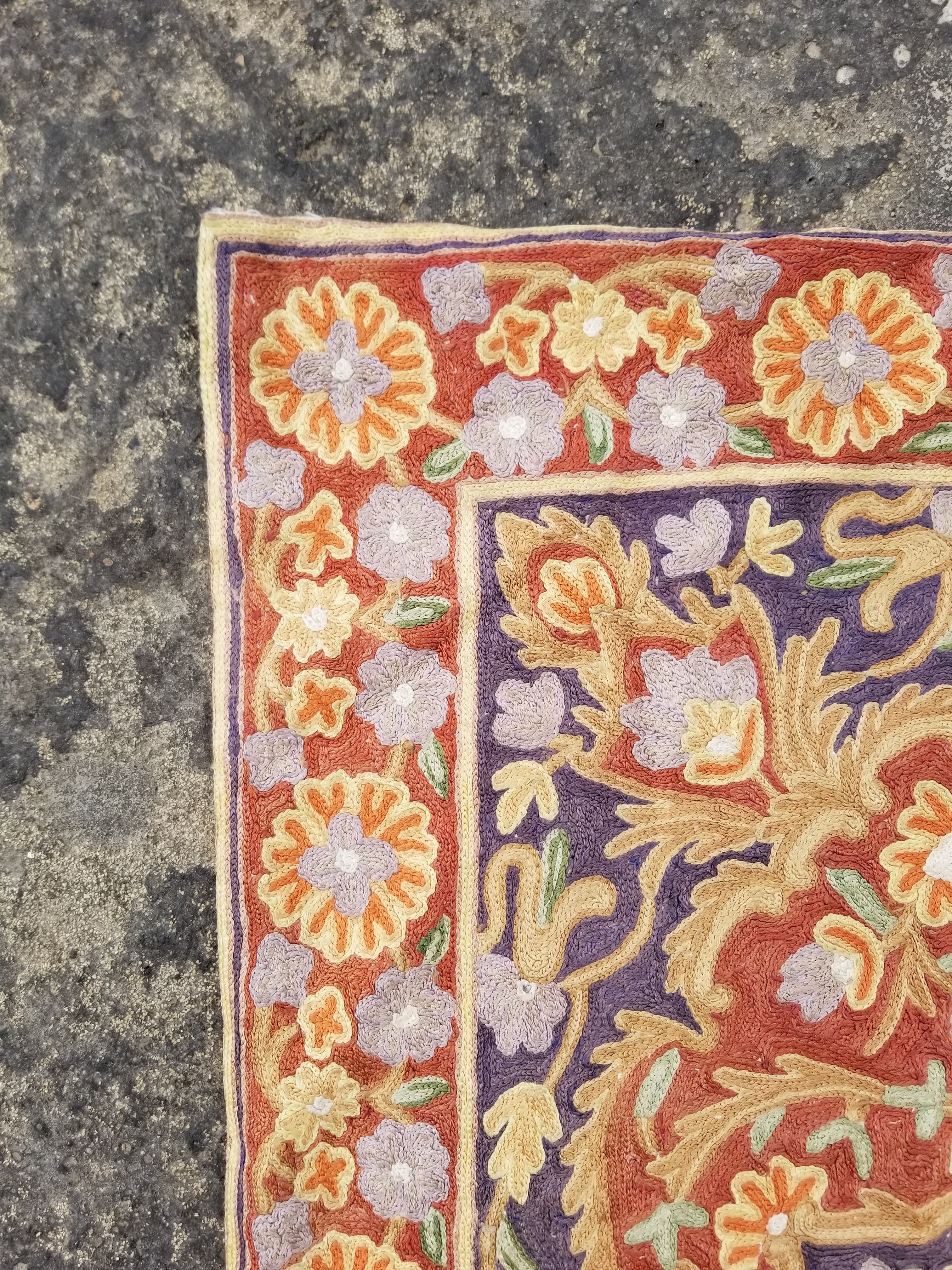 Vintage Handmade Kashmiri Floral Chain-Stitch Decor Silk Rug 35x23in