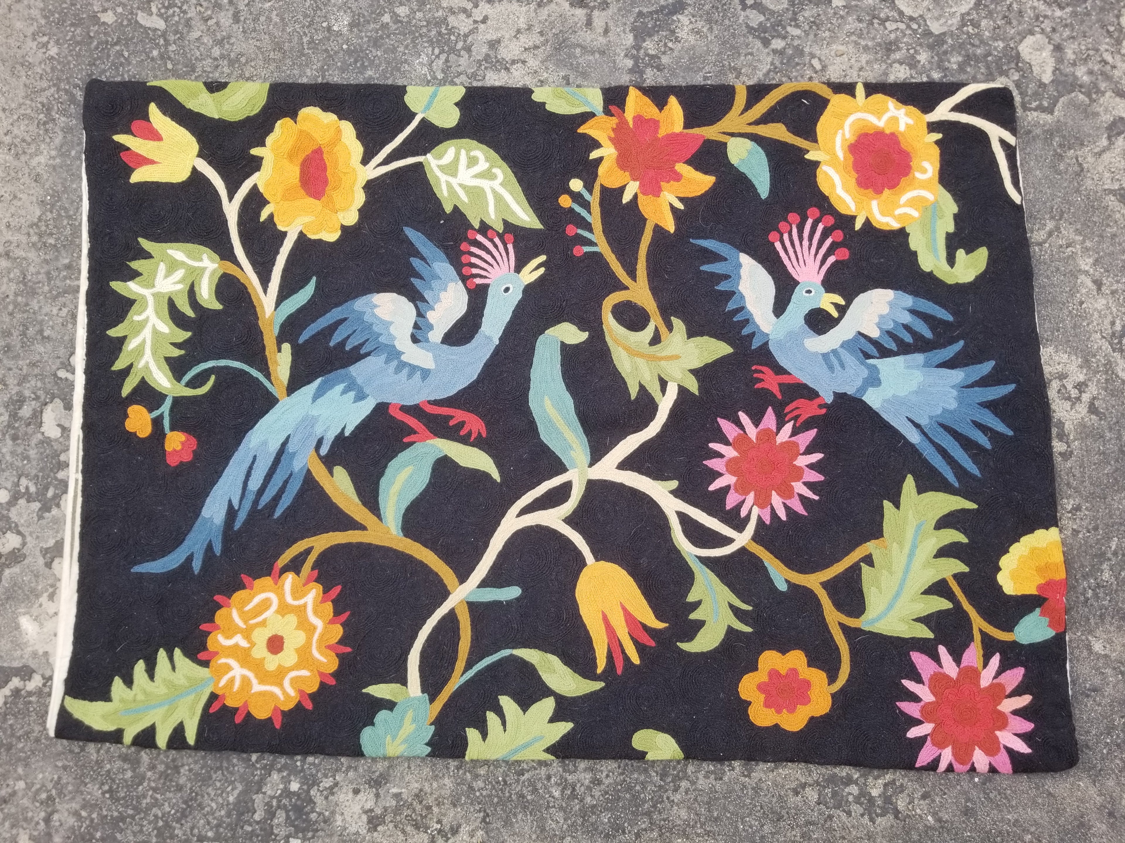 Vintage Handmade Kashmiri Botanical Bird Chain-Stitch Decor Silk Rug 35x24in