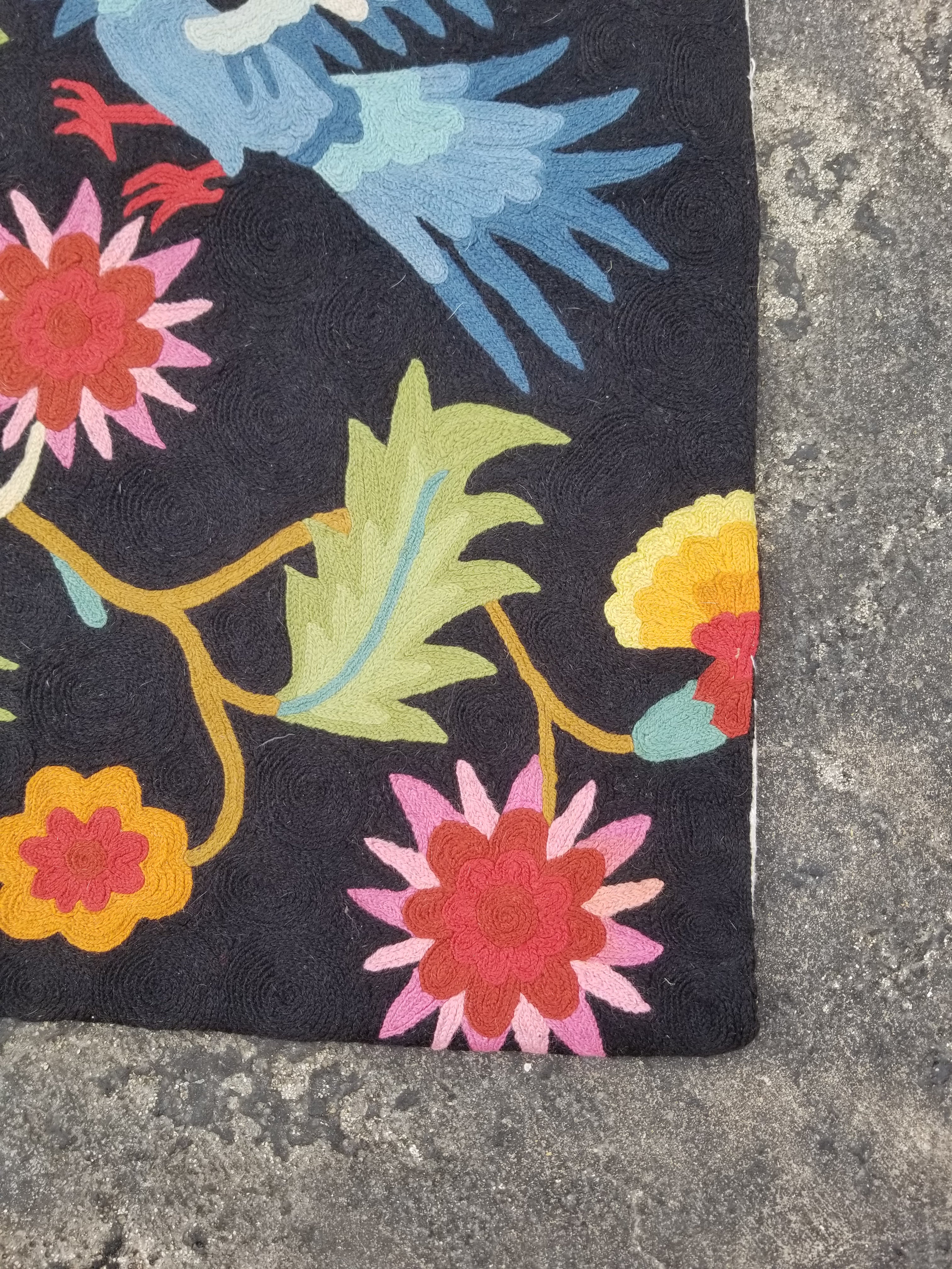 Vintage Handmade Kashmiri Botanical Bird Chain-Stitch Decor Silk Rug 35x24in