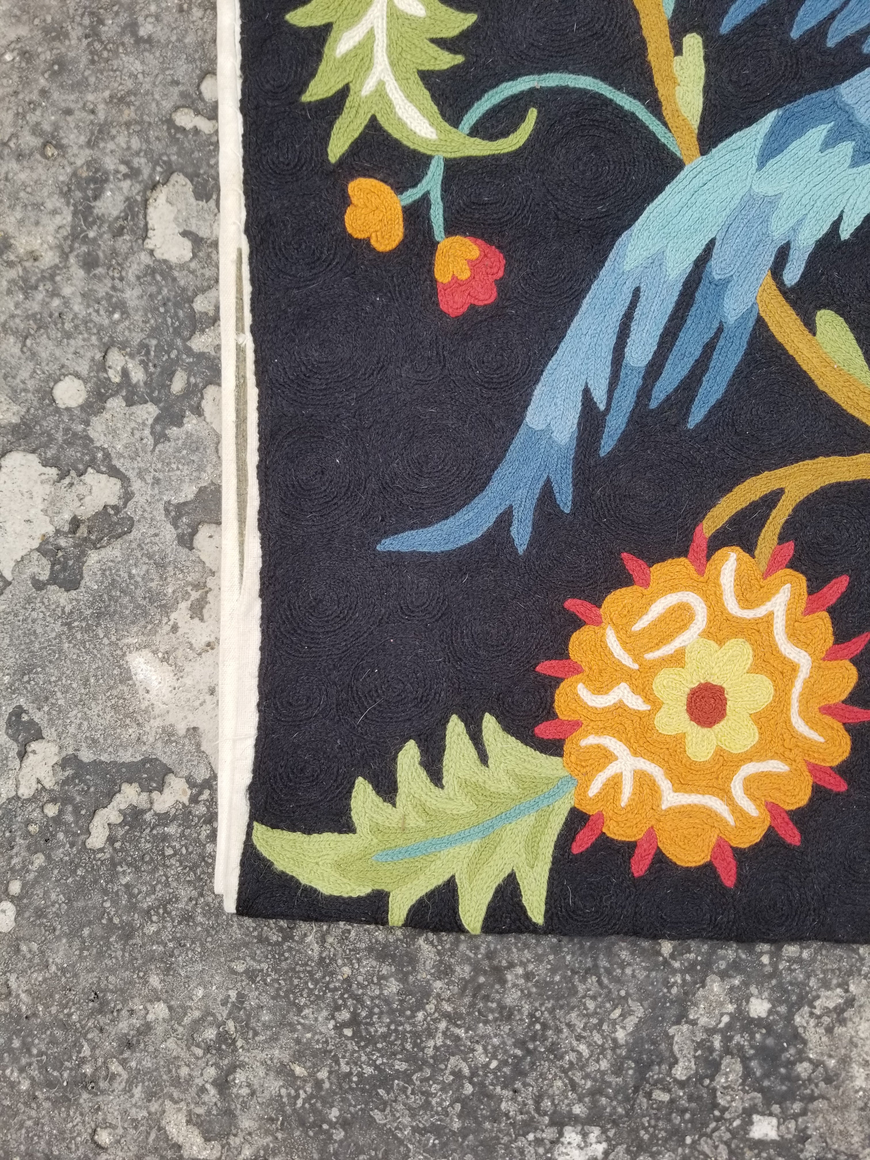 Vintage Handmade Kashmiri Botanical Bird Chain-Stitch Decor Silk Rug 35x24in