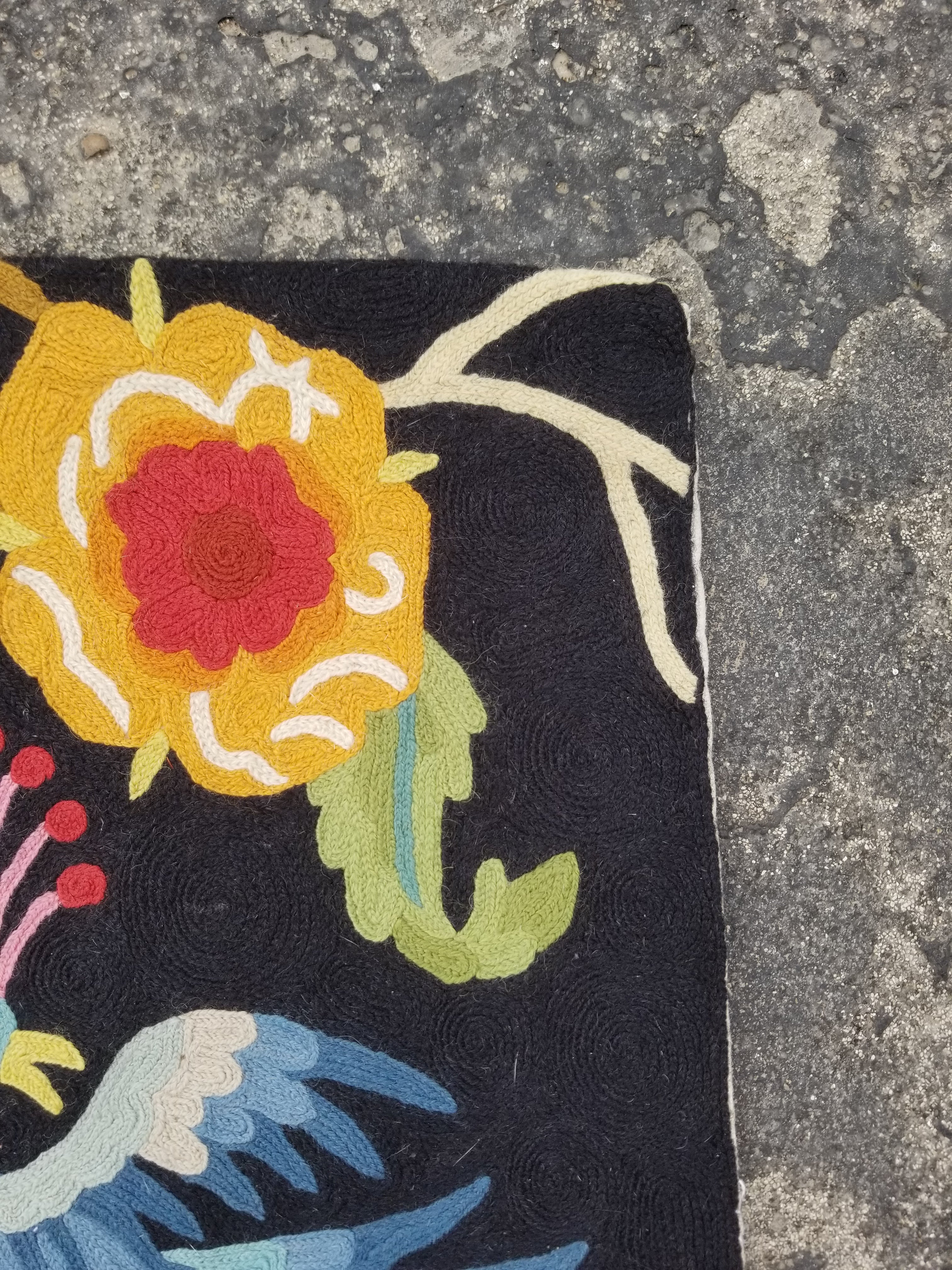 Vintage Handmade Kashmiri Botanical Bird Chain-Stitch Decor Silk Rug 35x24in