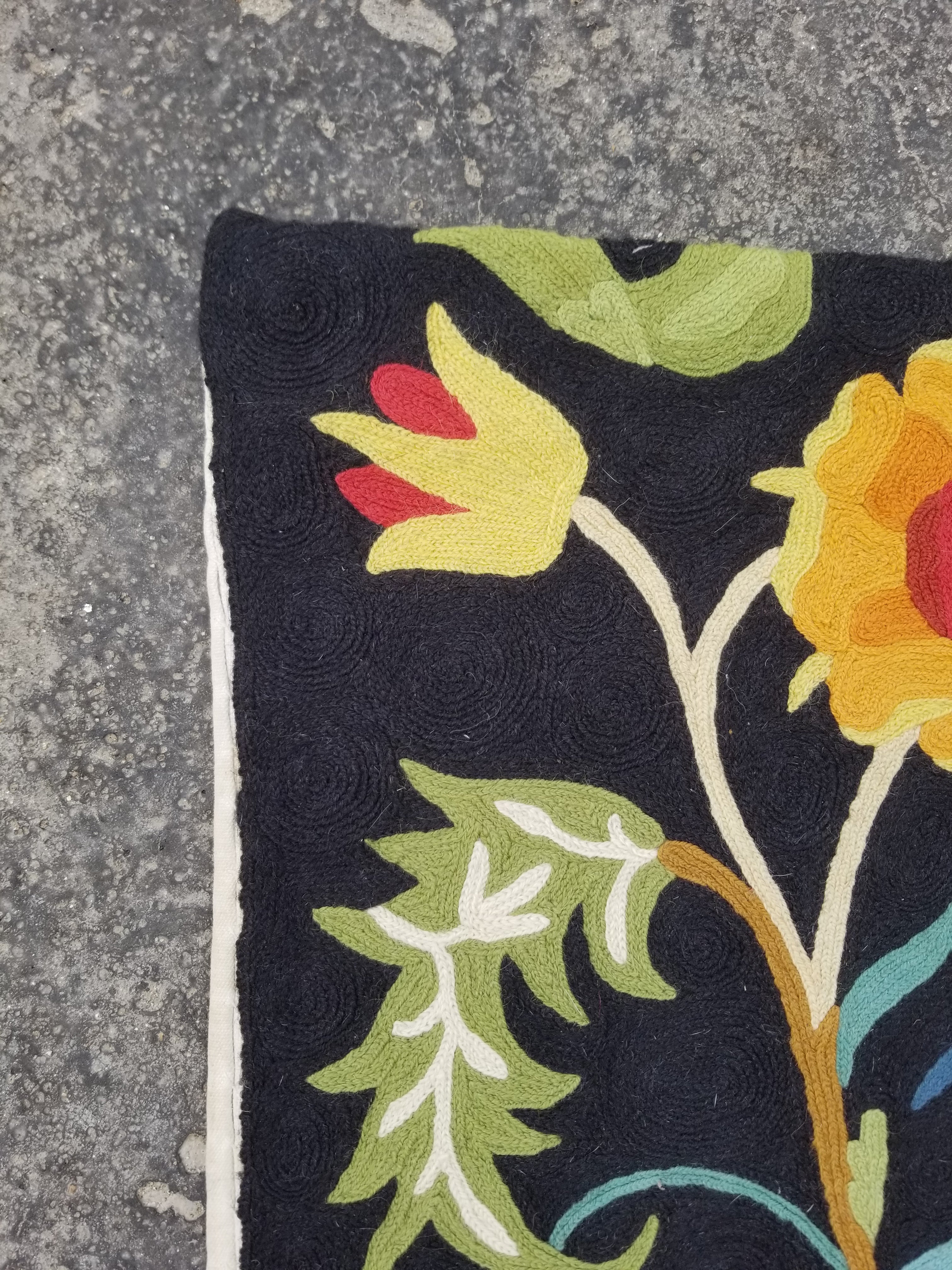 Vintage Handmade Kashmiri Botanical Bird Chain-Stitch Decor Silk Rug 35x24in