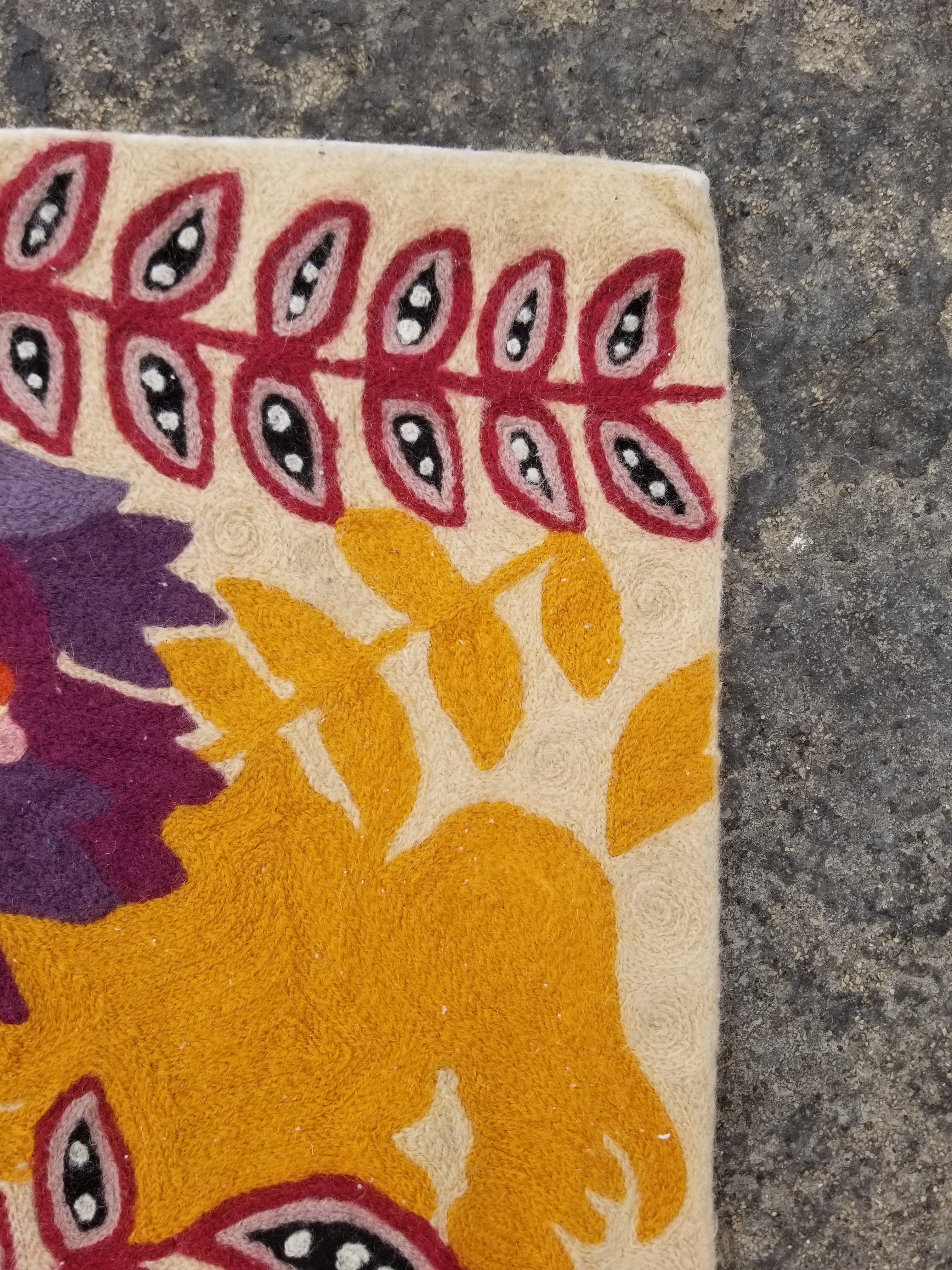 Vintage Handmade Kashmiri Floral Chain-Stitch Decor Wool Rug 34x23in