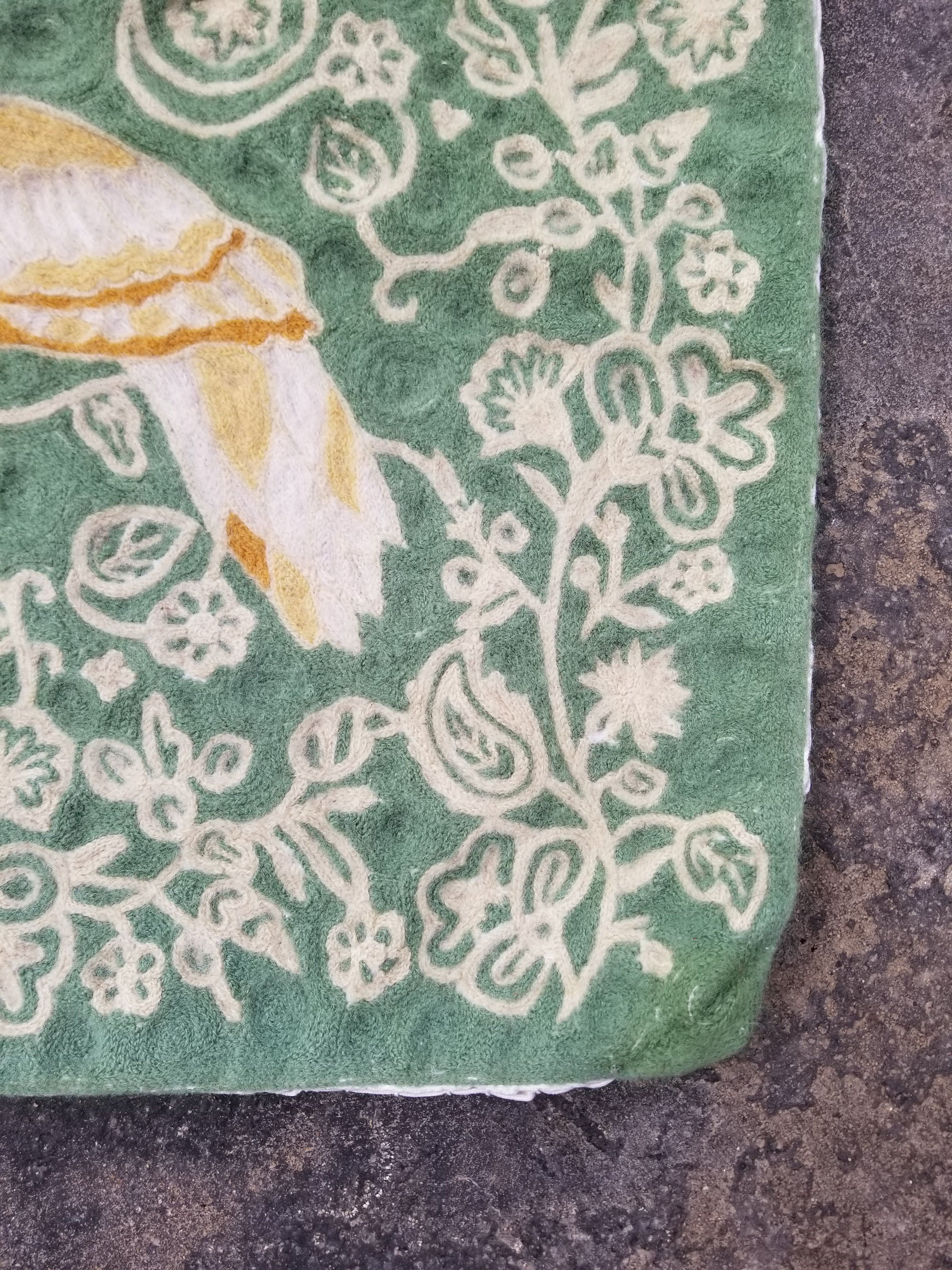 Vintage Handmade Kashmiri Birds Chain-Stitch Decor Wool Rug 33x20in