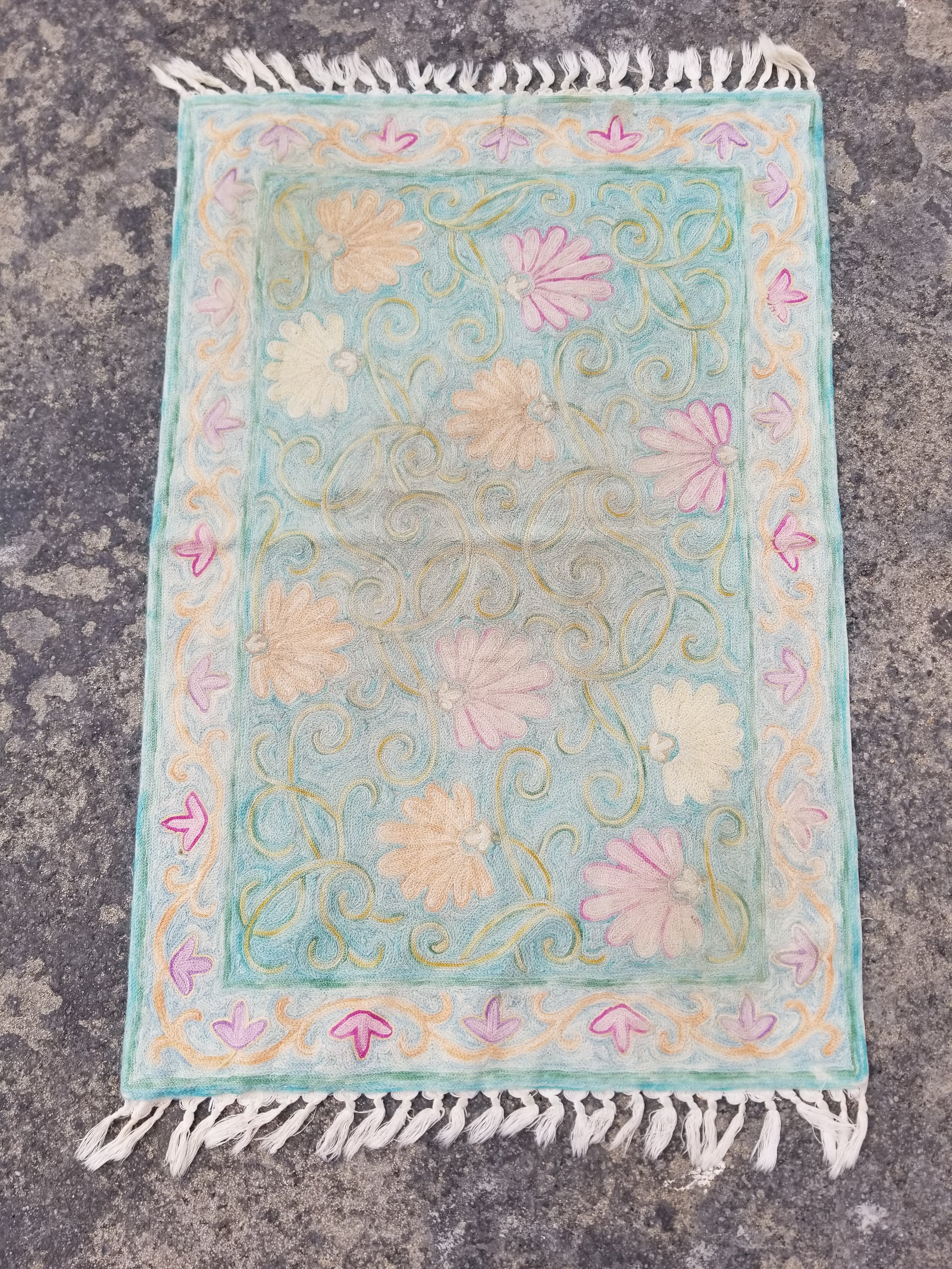 Vintage Handmade Kashmiri Floral Chain-Stitch Decor Silk Rug Tapestry 35x24in