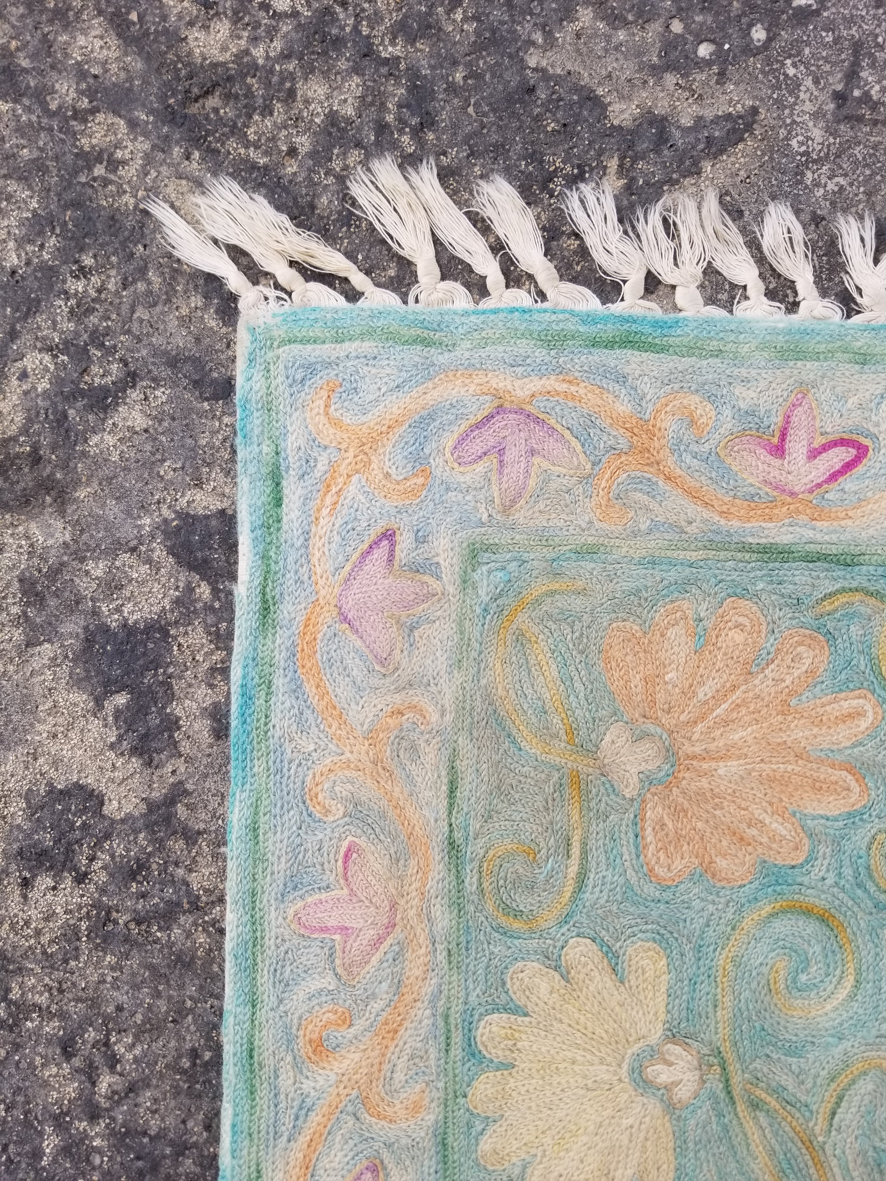Vintage Handmade Kashmiri Floral Chain-Stitch Decor Silk Rug Tapestry 35x24in