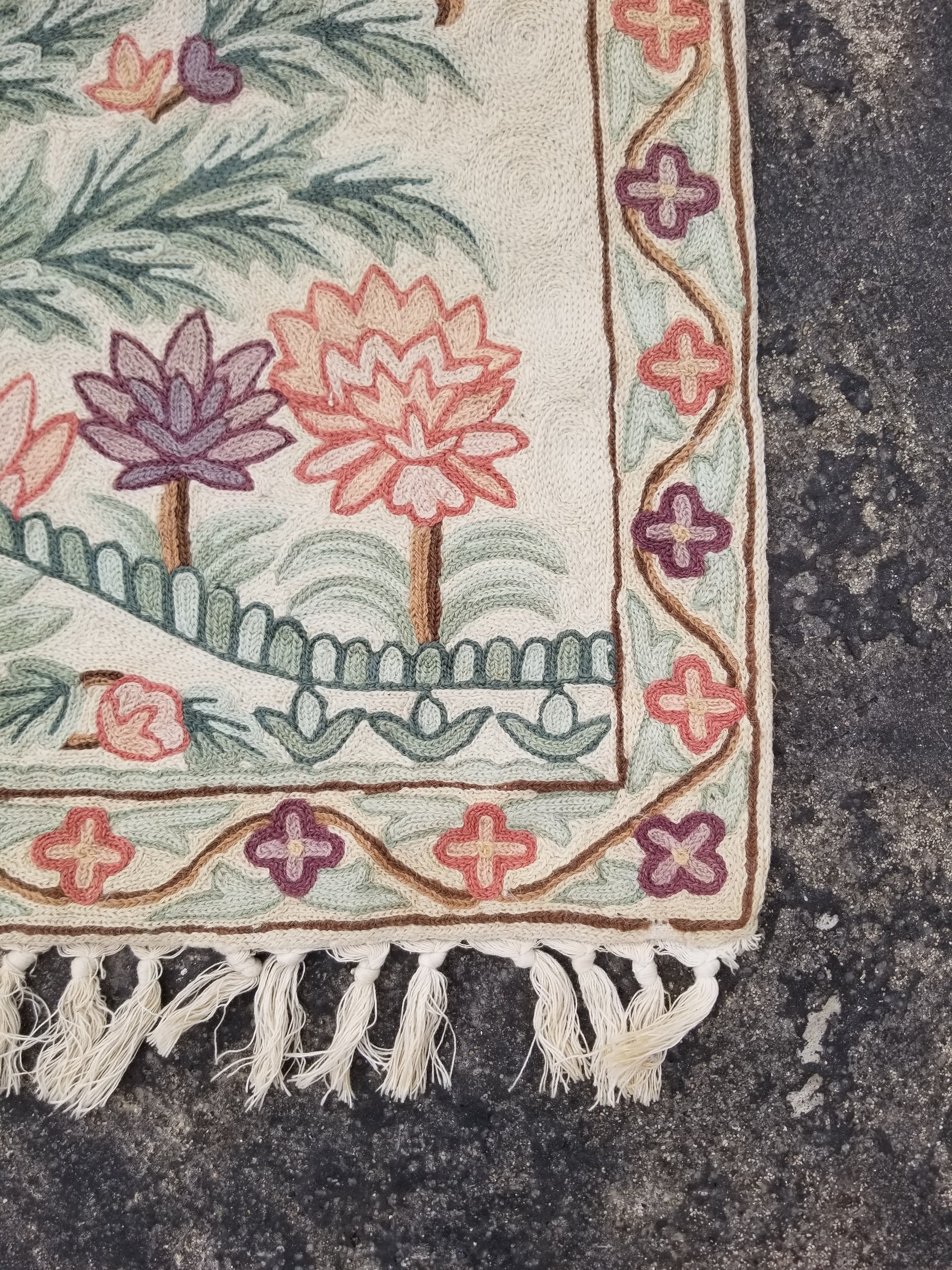 Vintage Handmade Kashmiri Tree Of Life Chain-Stitch Decor Wool Tapestry 34x24in