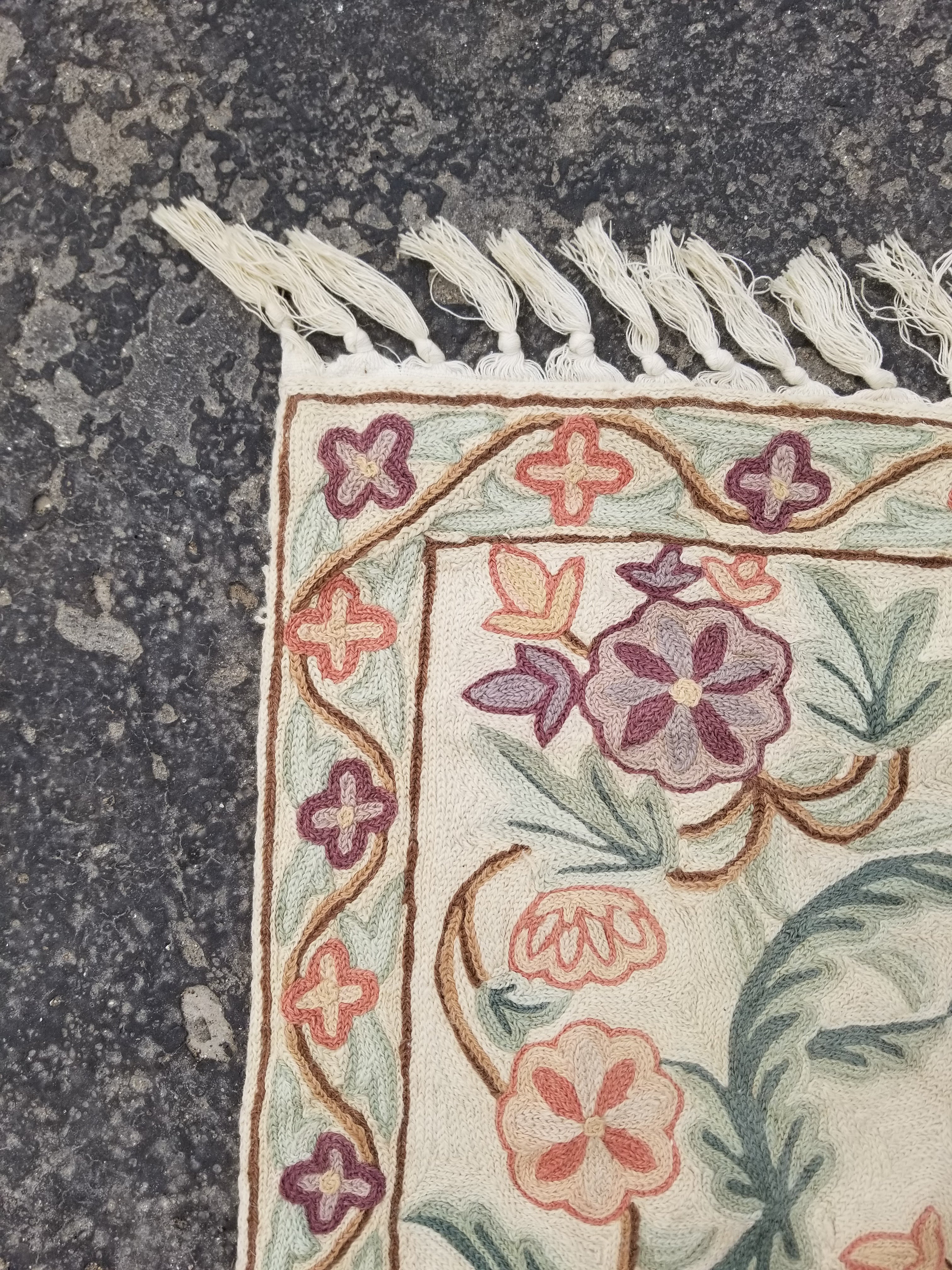 Vintage Handmade Kashmiri Tree Of Life Chain-Stitch Decor Wool Tapestry 34x24in