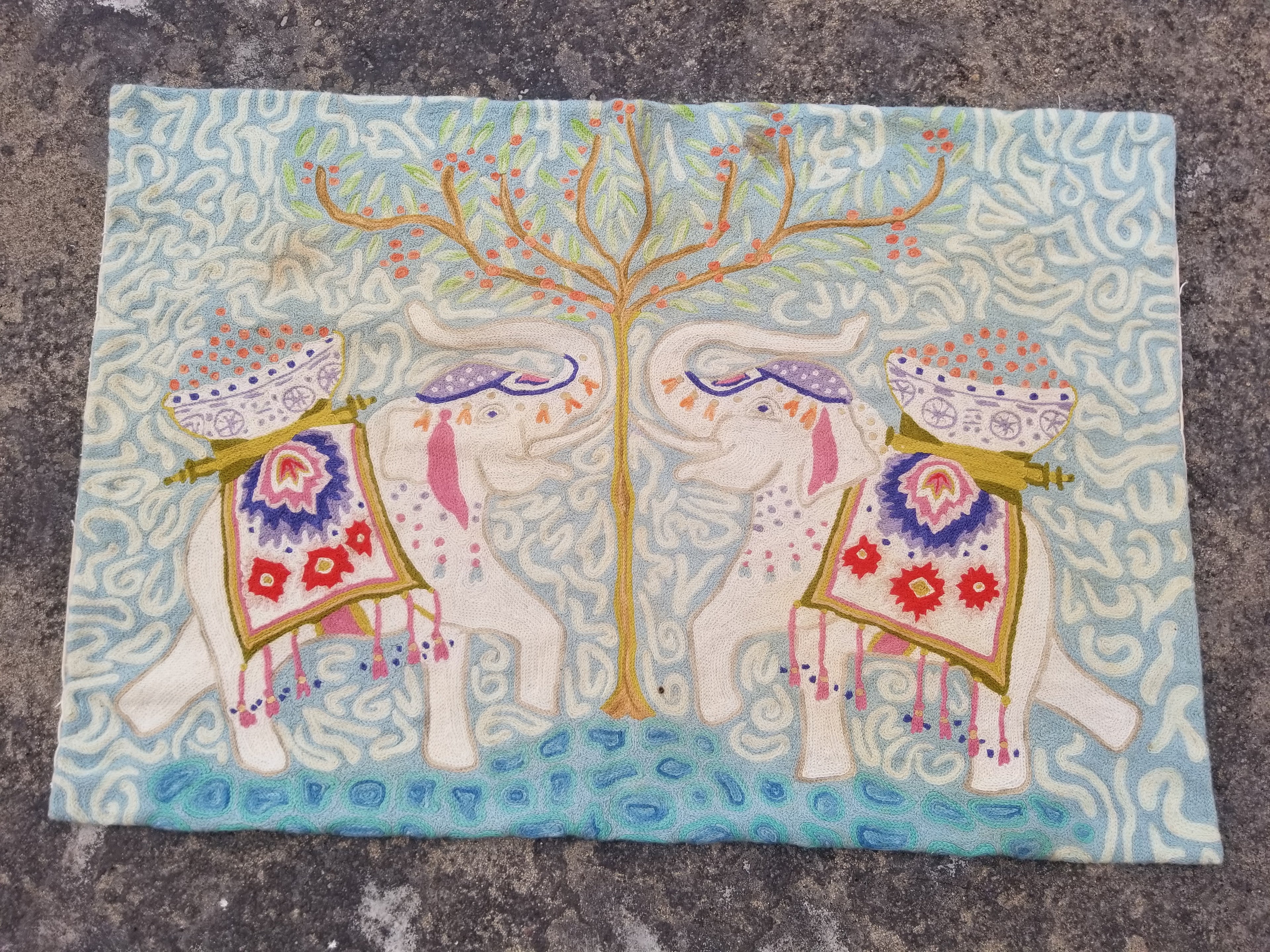 Vintage Handmade Kashmiri Elephants Chain-Stitch Decor Wool Tapestry 36x24in