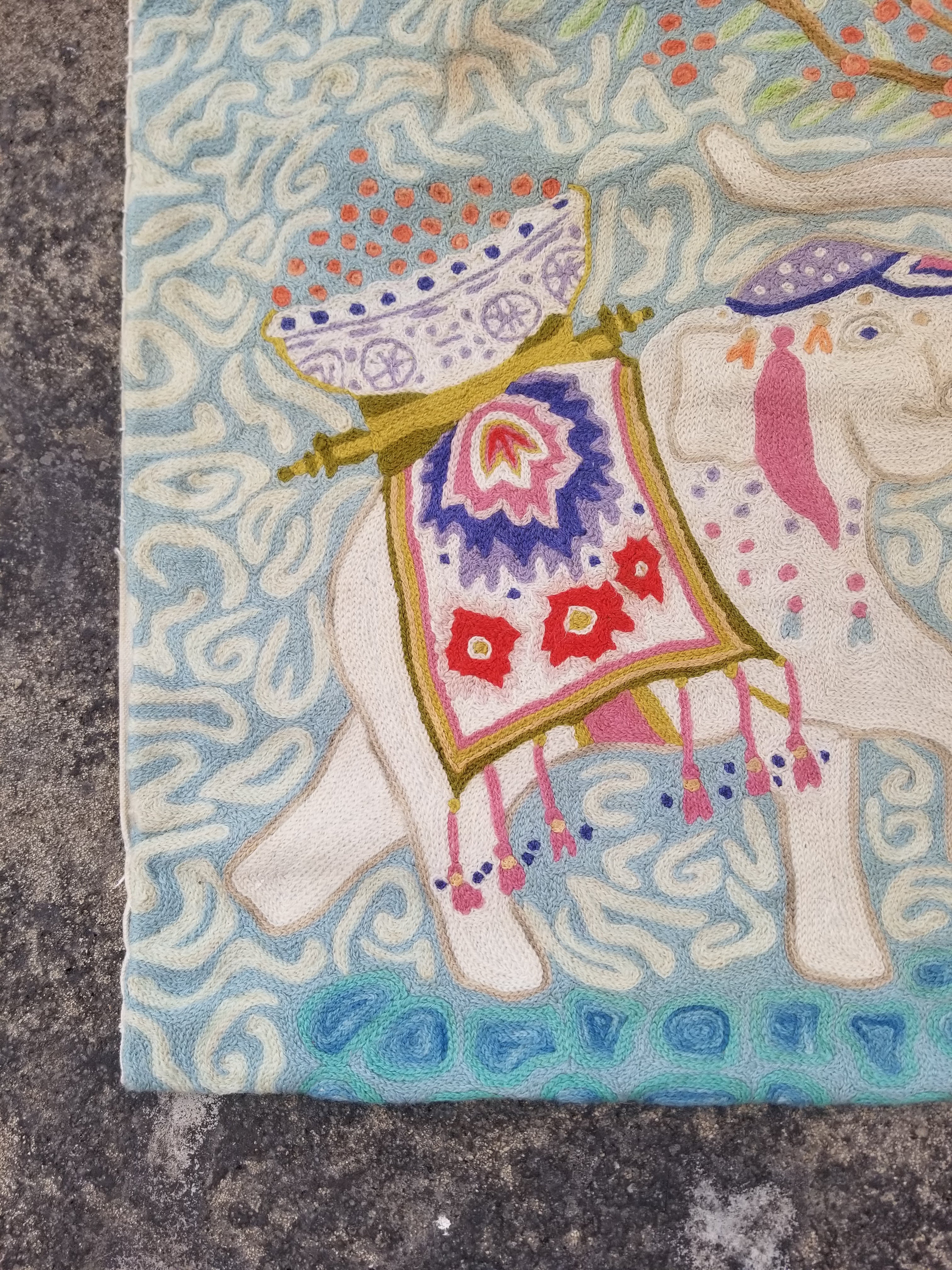 Vintage Handmade Kashmiri Elephants Chain-Stitch Decor Wool Tapestry 36x24in