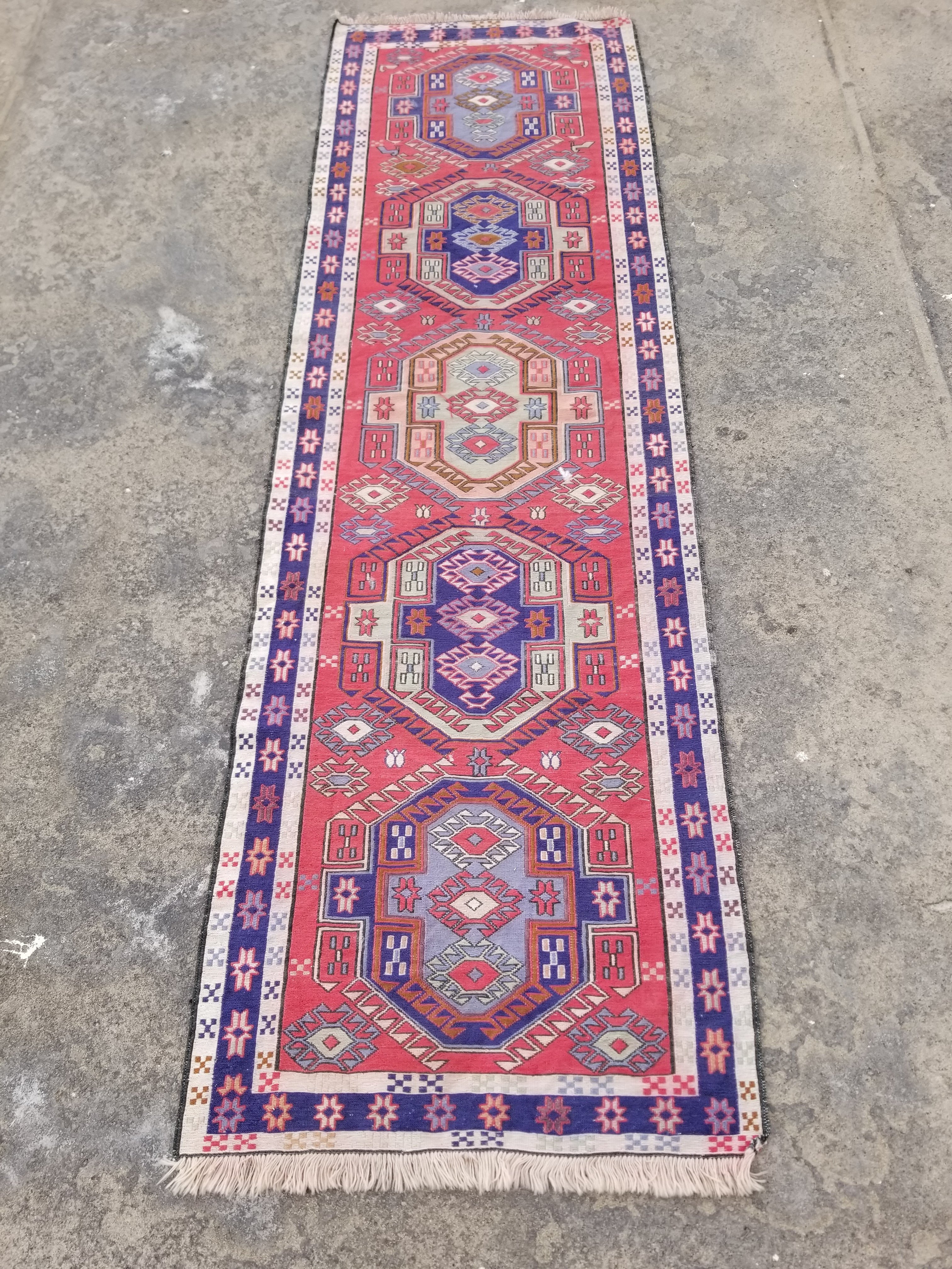 Antique Traditional Handmade Caucasian Kazak Wool Multicolor Runner 271x83cm